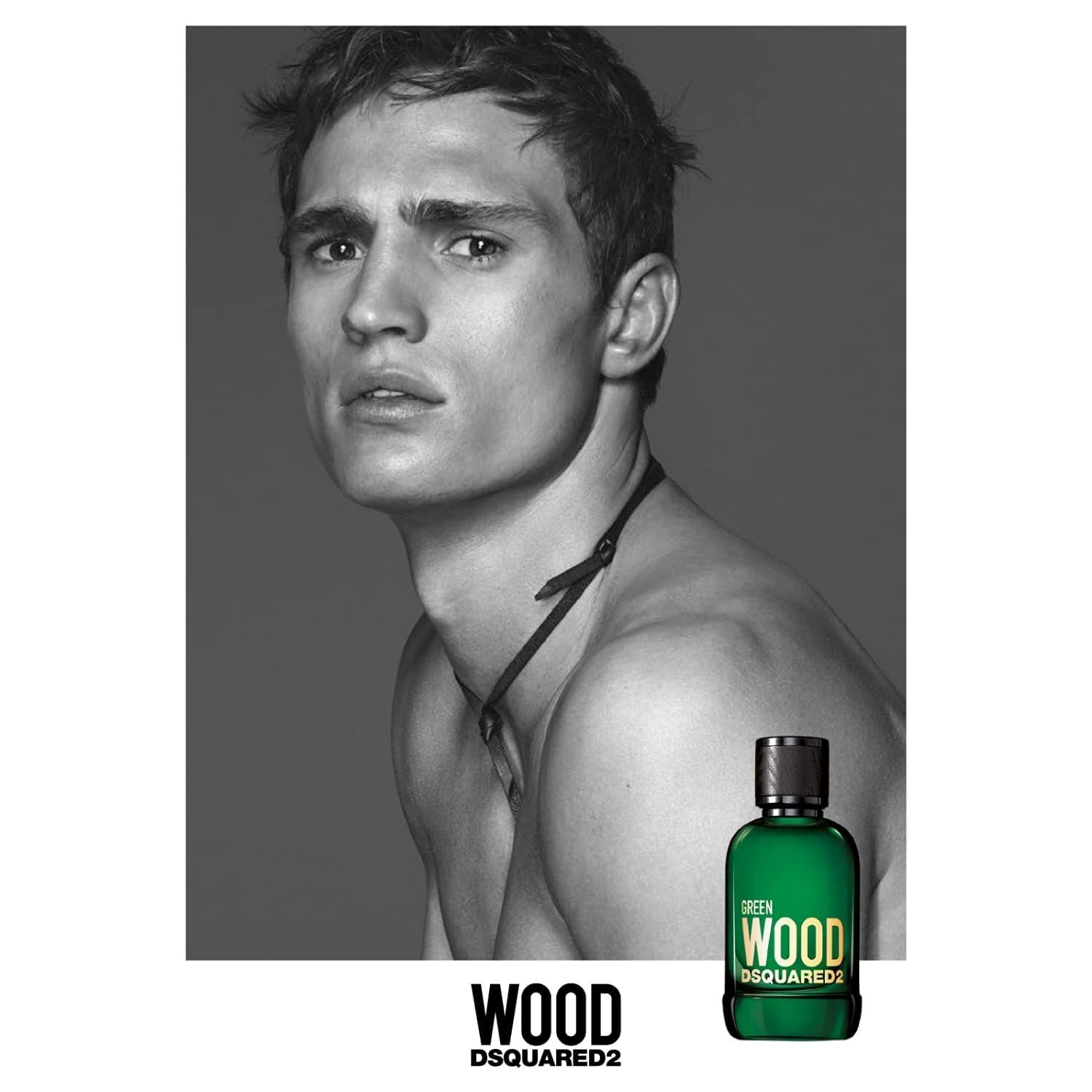 Schwarz-Weiß-Foto eines Mannes. Unten rechts: grüner Flakon mit Schriftzug GREEN WOOD DSQUARED2.