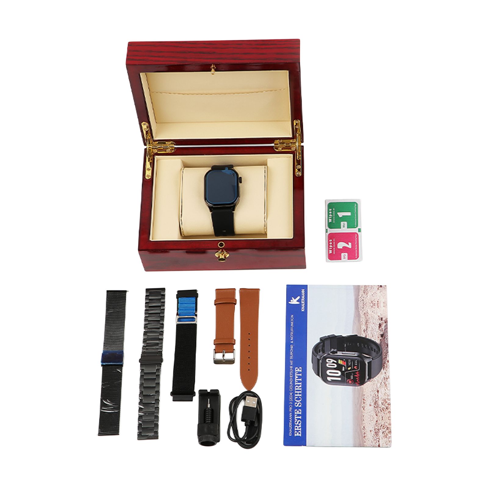 Smartwatch in einer Holzbox mit Ersatzarmbändern, Ladekabel und Anleitung.