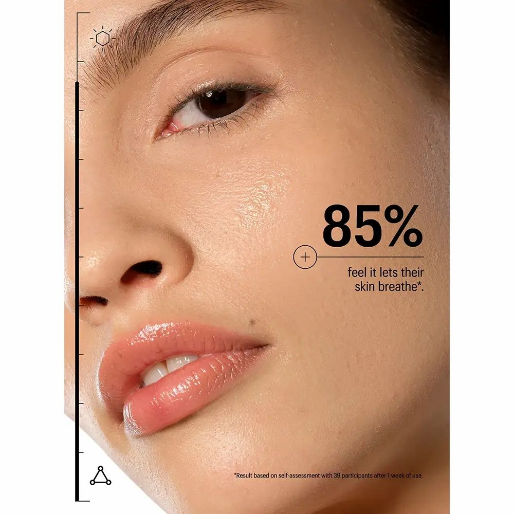 Nahaufnahme eines Gesichts. Text: 85% feel it lets their skin breathe. Skala mit Sonne und Dreieck.