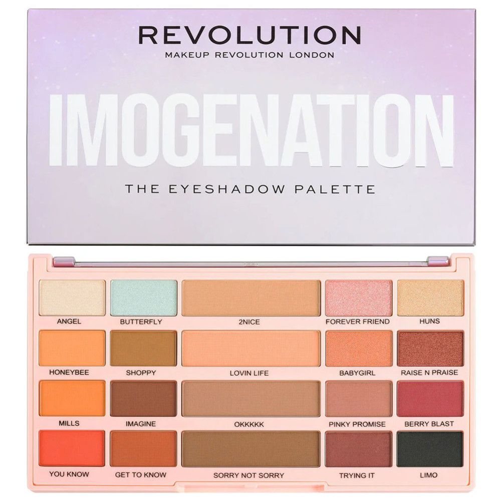 Lidschattenpalette "IMOGENATION" und offene Palette. Marke: Makeup Revolution. Verschiedene Farben. Rosa Rahmen.
