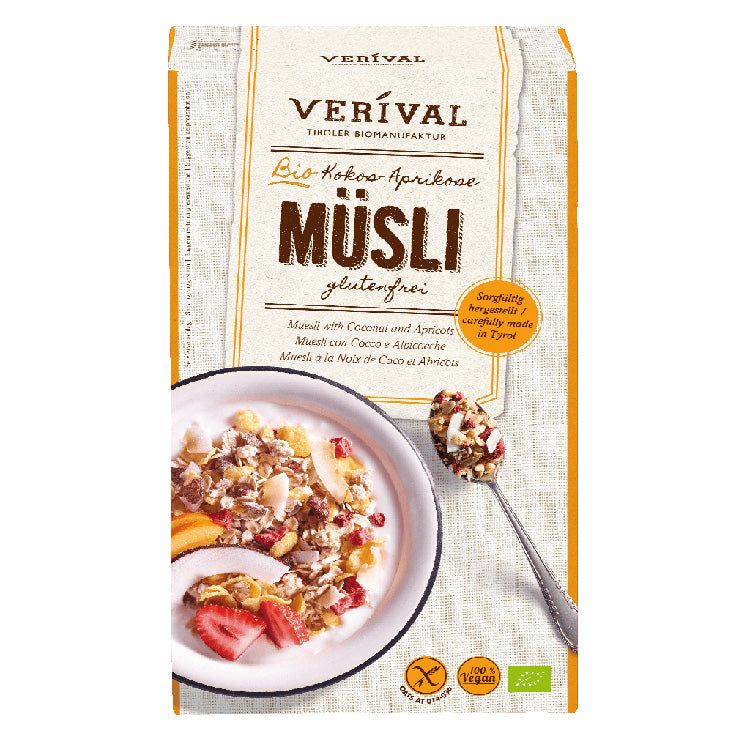 Verival Müsli glutenfrei, Bio-Kokos-Aprikose. Verpackung mit Produktabbildung. Logo, Text: glutenfrei, vegan, Bio.