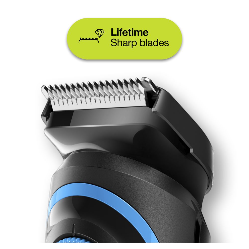 Nahaufnahme des Trimmerkopfes. Schwarzes Gehäuse mit blauen Akzenten. Text: 'Lifetime Sharp blades'.