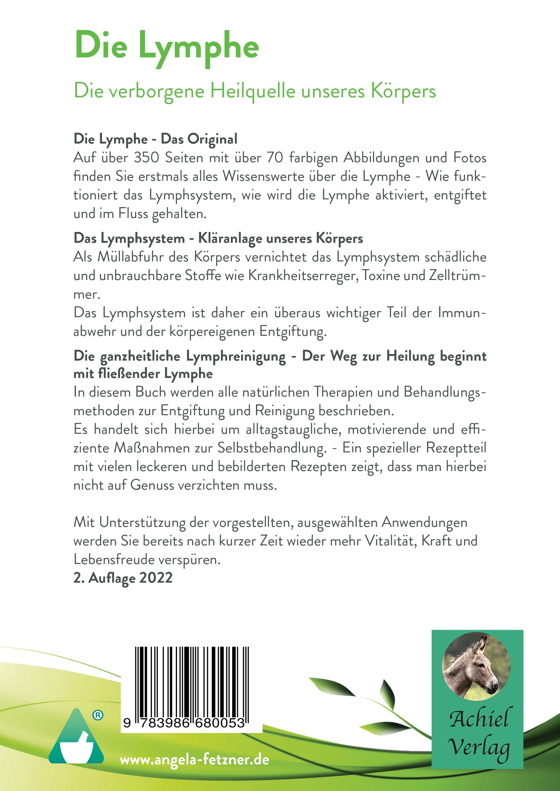 Buchrückseite "Die Lymphe". Text über das Lymphsystem und die Reinigung. Logo des Verlags Achiel Verlag.