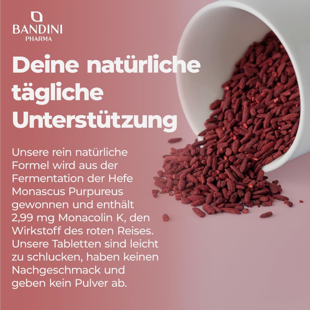 Roter Reis. Rote Reiskörner aus weißer Schale. Text: Monascus purpureus, 2,99 mg Monacolin K. Tablettenbeschreibung.