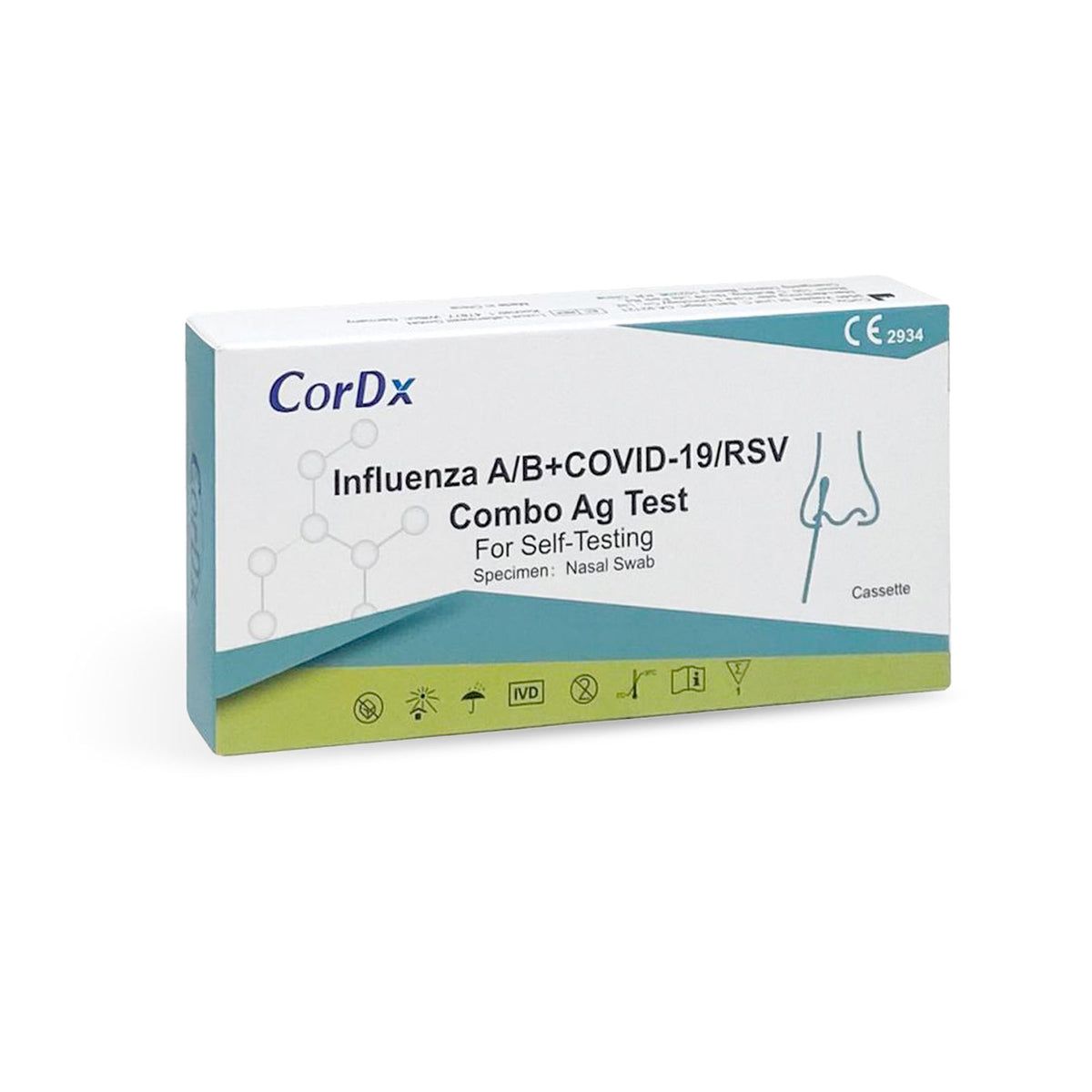 CorDx-Testpackung. Enthält Test für Influenza A/B, COVID-19, RSV. Mit CE-Kennzeichnung.