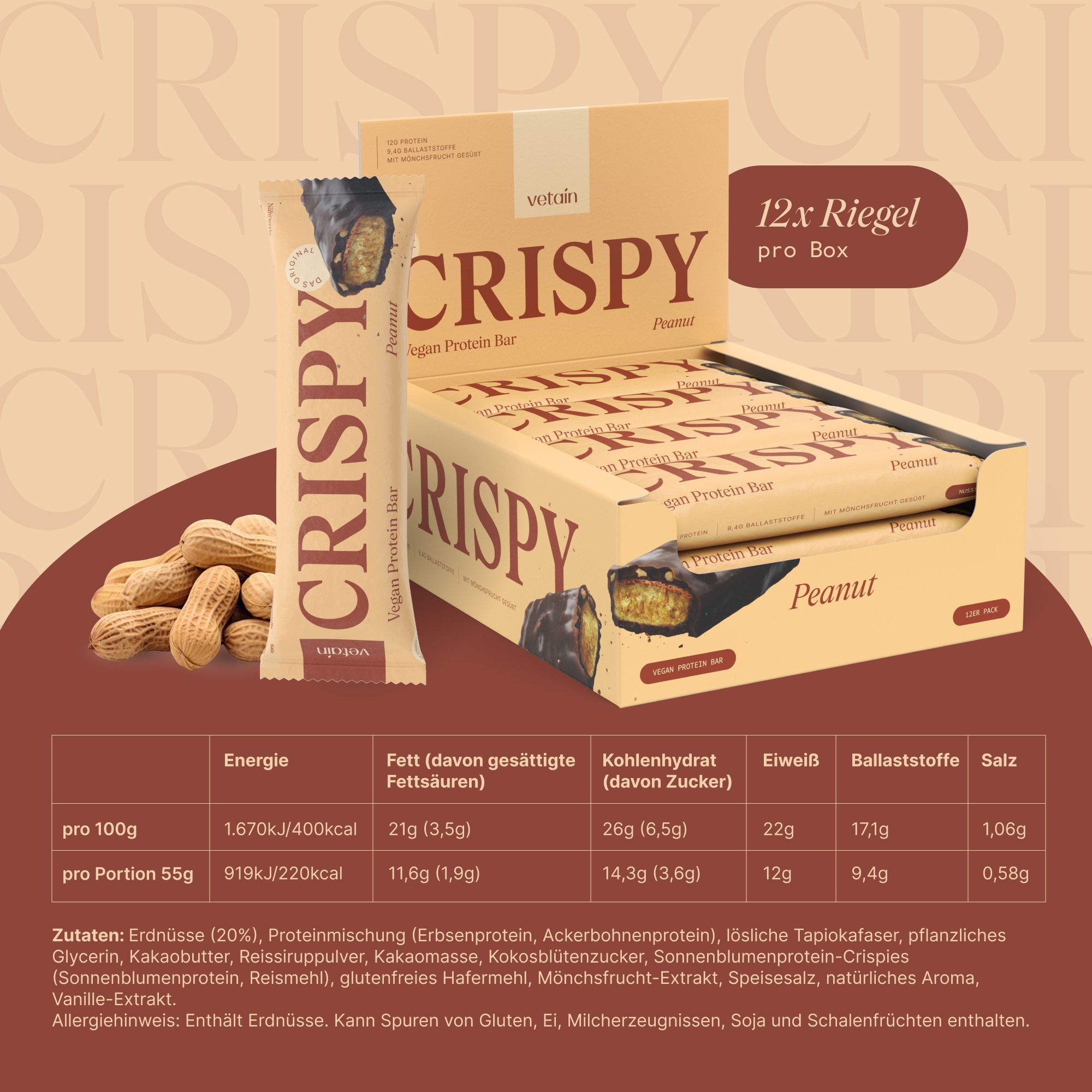 Proteinriegel-Verpackung und -Inhaltsstoffe. 12 Riegel pro Box. Nährwertangaben pro 100g und pro Portion. Zutatenliste.
