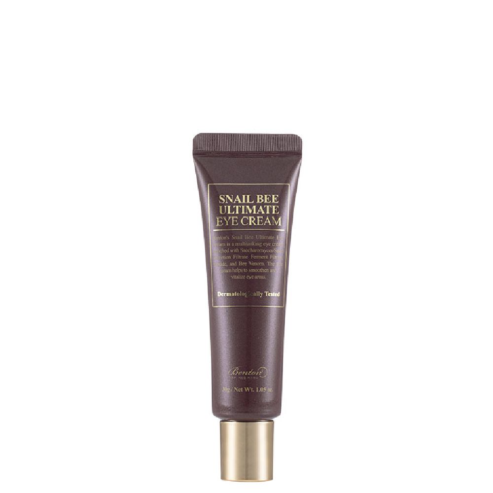 Benton Snail Bee Ultimate Eye Cream Tube mit goldenem Verschluss. Enthält 30g Netto.