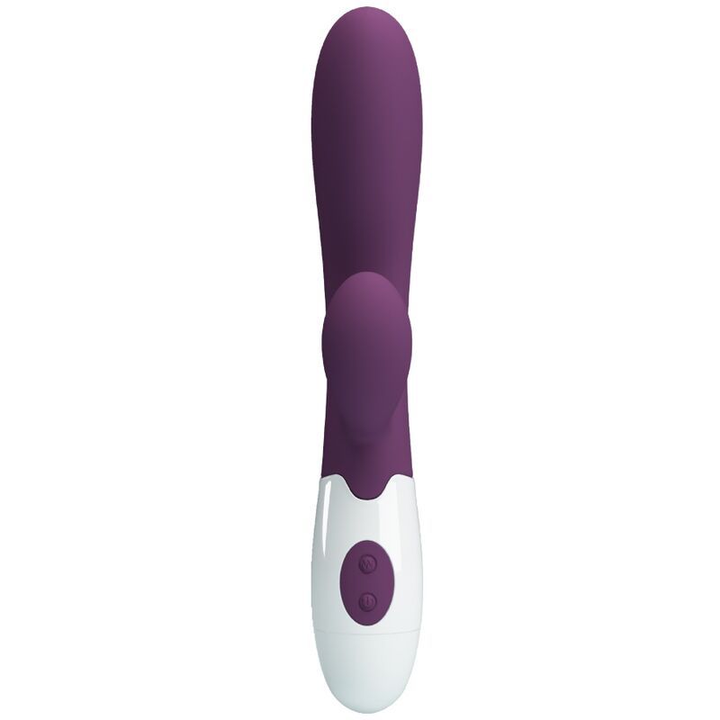 Lila Vibrator mit weißem Kopf und Bedienfeld. Zwei Knöpfe. Vertikale Ansicht.