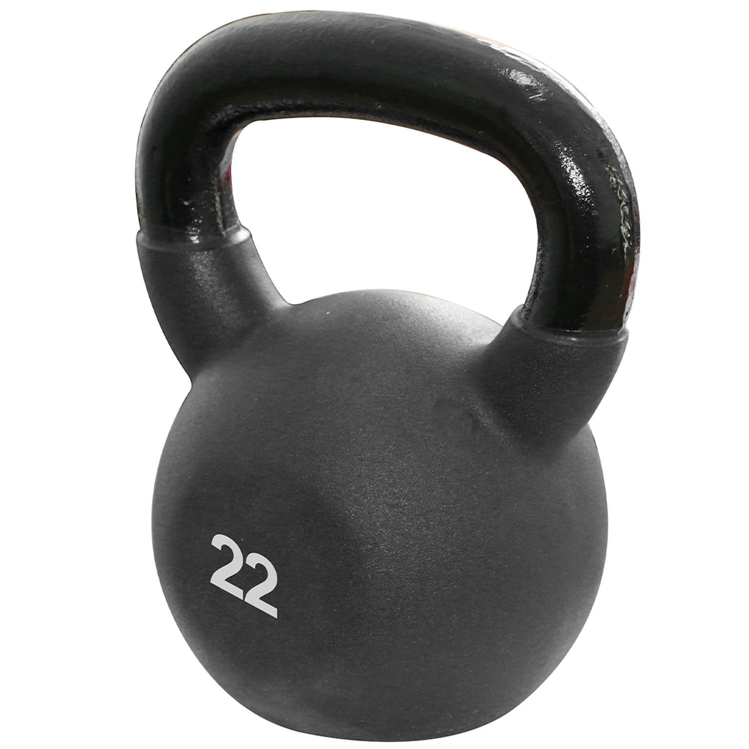 Schwarze Kettlebell mit schwarzem Griff. Gewicht 22. Kugelförmiger Körper mit Griff. Für Fitness-Training.