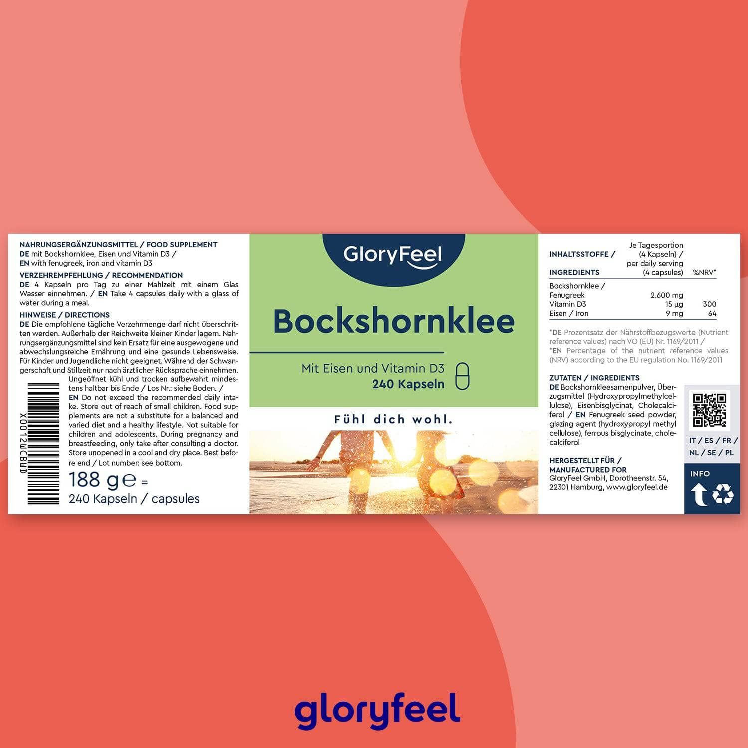gloryfeel ® Bockshornklee Kapseln aktiviert - Mit Eisen und Vitamin D3