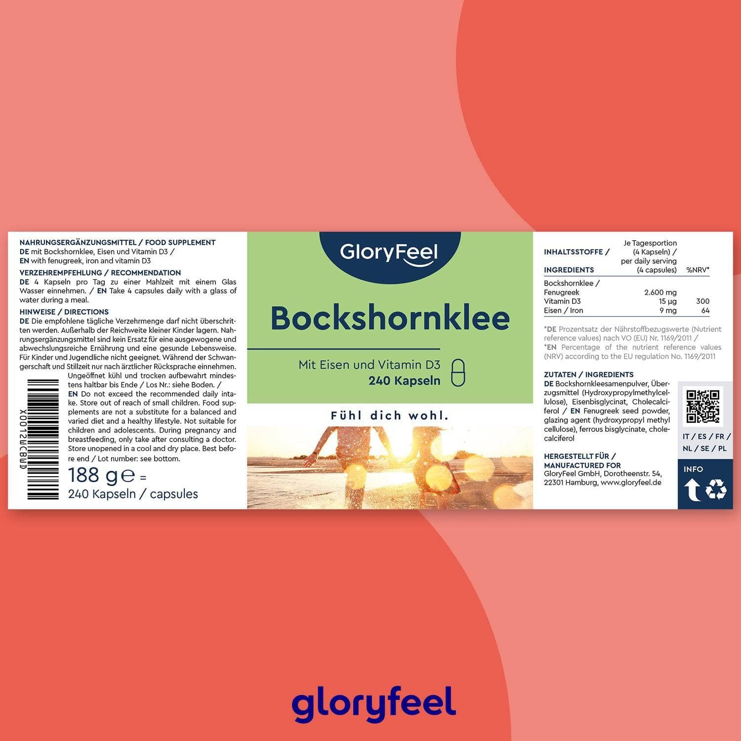 gloryfeel ® Bockshornklee Kapseln aktiviert - Mit Eisen und Vitamin D3 240 St