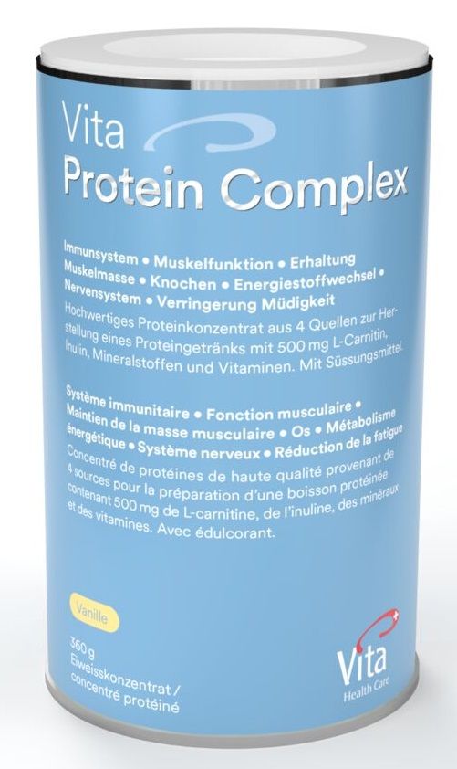 Zylindrische Dose mit Produktaufdruck. Text: Vita Protein Complex, Inhaltsangaben. Farbe: Hellblau, Weiß. Marke: Vita Health Care.