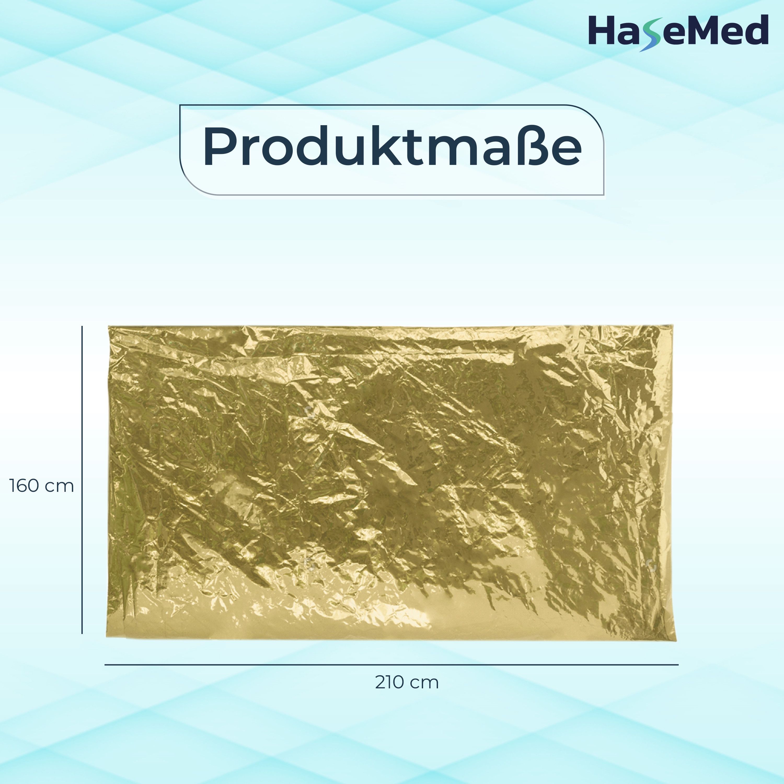 Ausgebreitete Rettungsdecke, goldfarben. Maße: 210 cm x 160 cm. HaseMed Logo oben rechts. Produktmaße-Beschriftung.
