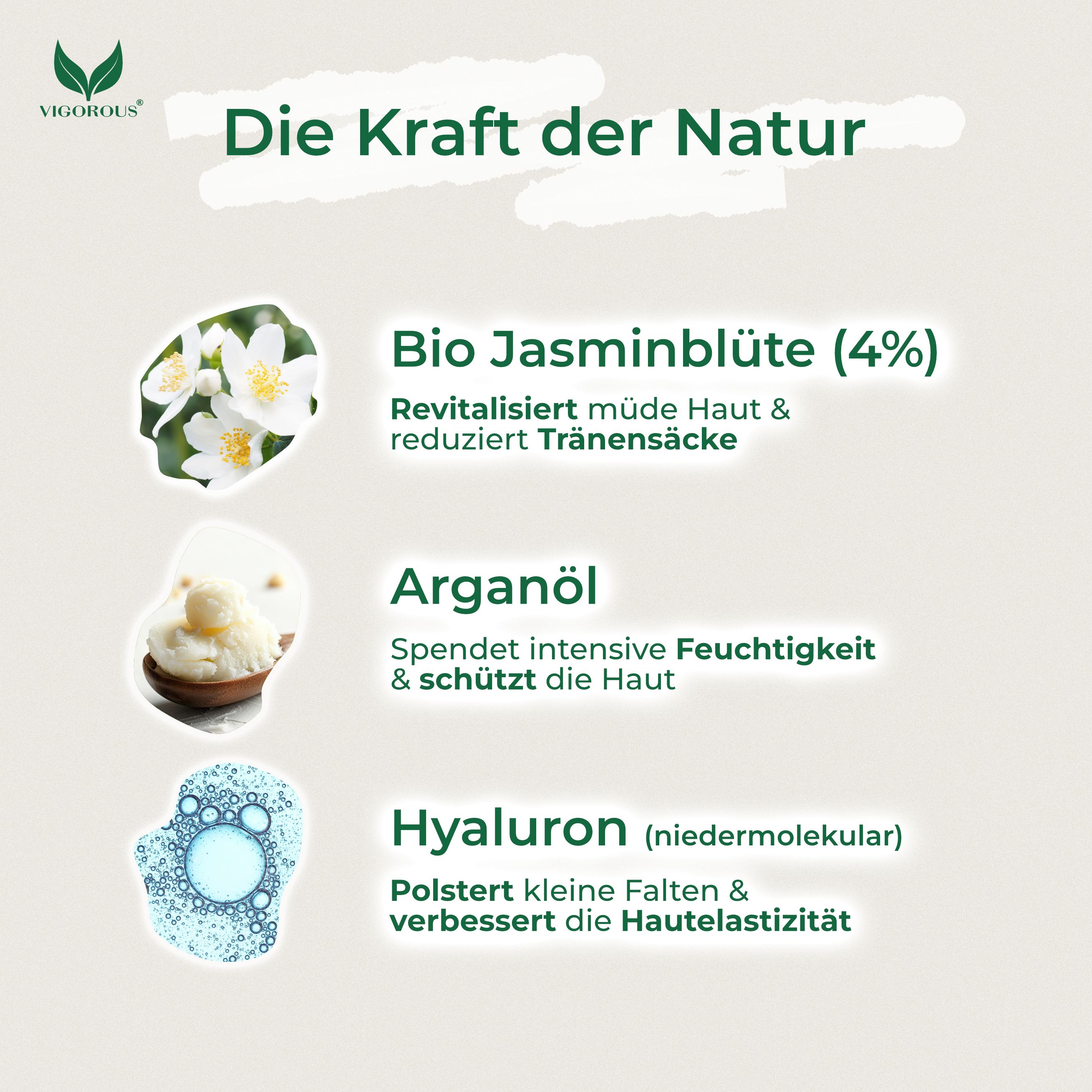 Text mit Inhaltsstoffen: Bio Jasminblüte (4%), Arganöl, Hyaluron (niedermolekular). Abbildungen der Inhaltsstoffe.