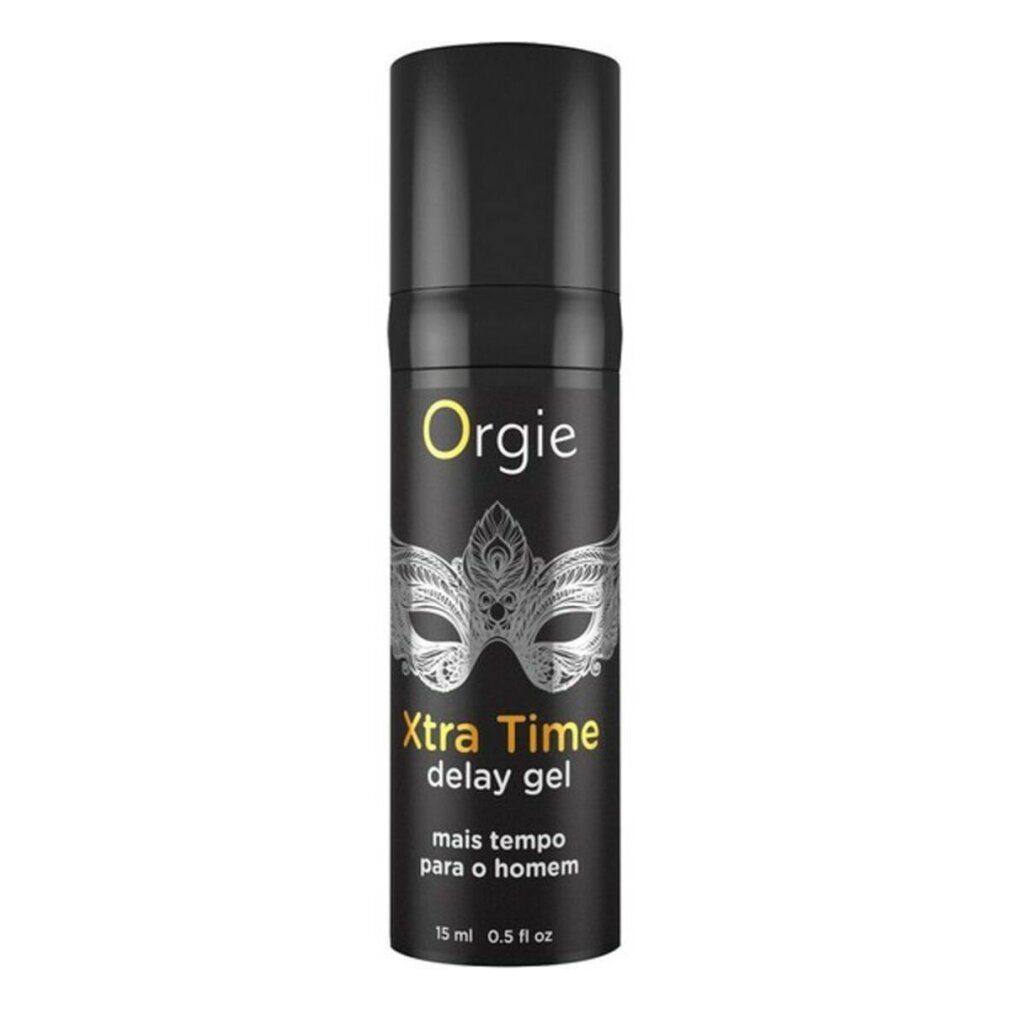 Schwarze Flasche. Aufschrift: Orgie, Xtra Time delay gel. Masken-Design. 15 ml.