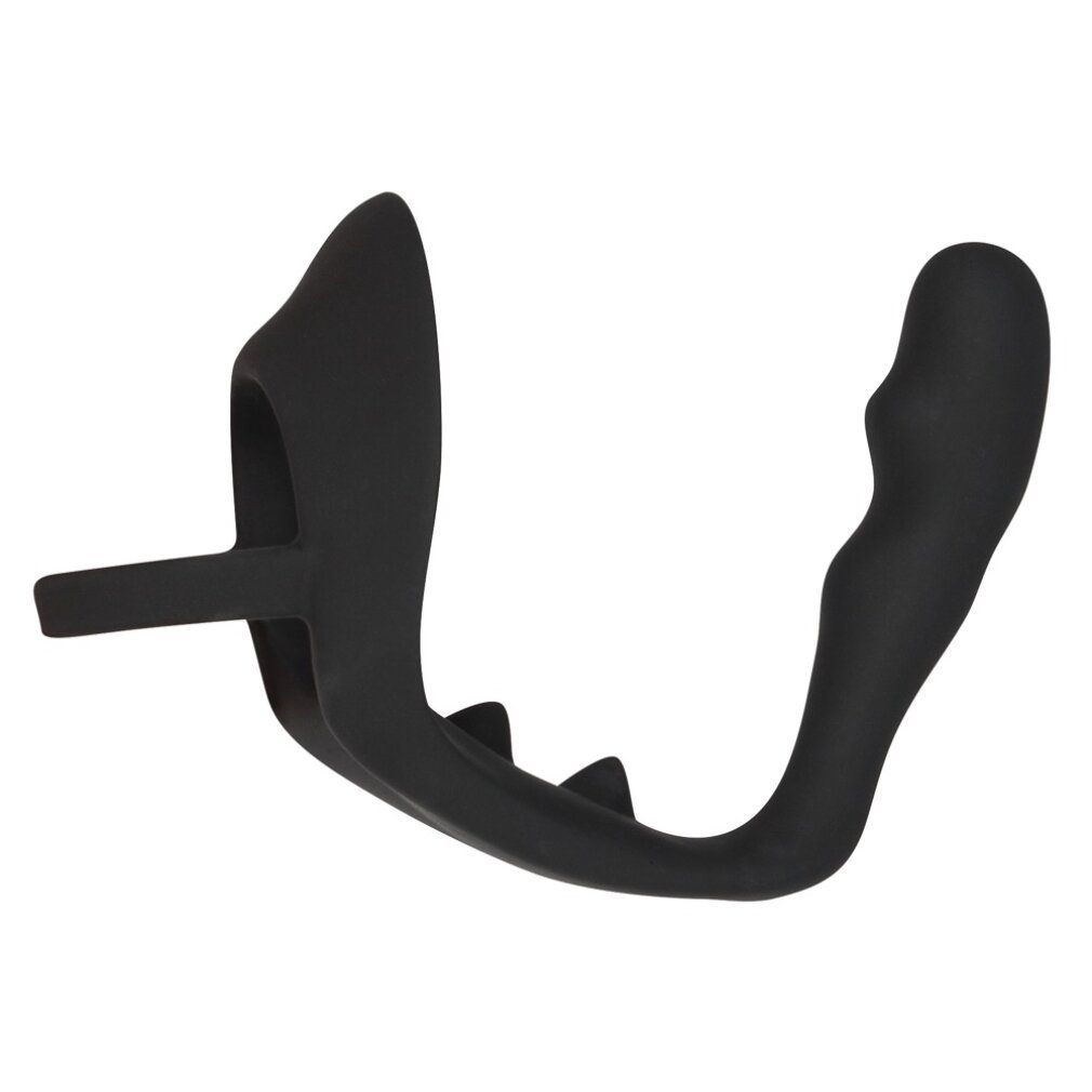 Schwarzer Penis-/Hodenring mit Analplug. Silikon. Zwei Erhebungen und ein Ring.