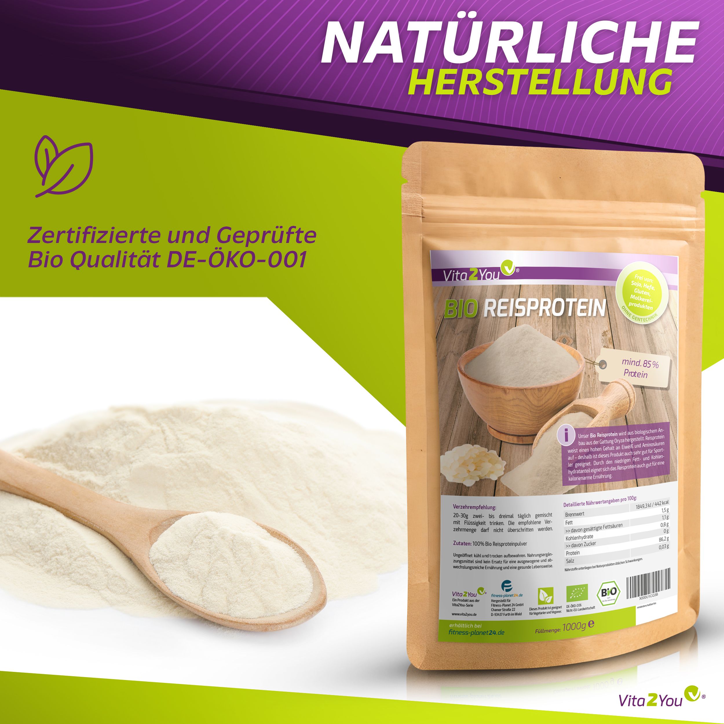 Beutel mit Reisprotein, Holzlöffel mit Pulver, Text: 85% Protein, Bio-Siegel, Zertifizierungen.