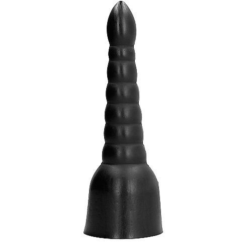 Schwarzer Dildo mit geriffelter Oberfläche.