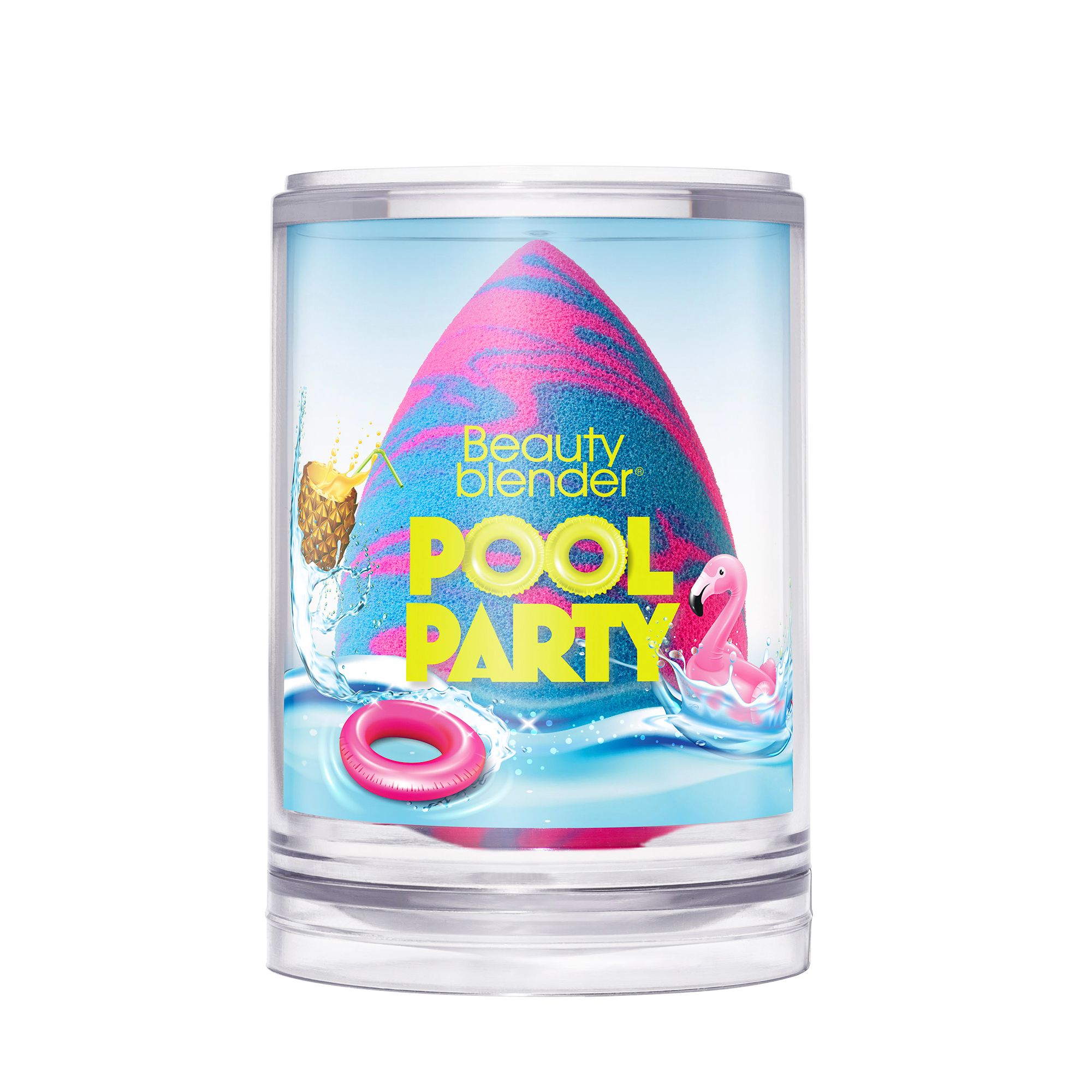 Beautyblender Pool Party in transparentem Behälter. Schwamm in Pink, Blau und Gelb. Mit Pool-Party-Dekoration.