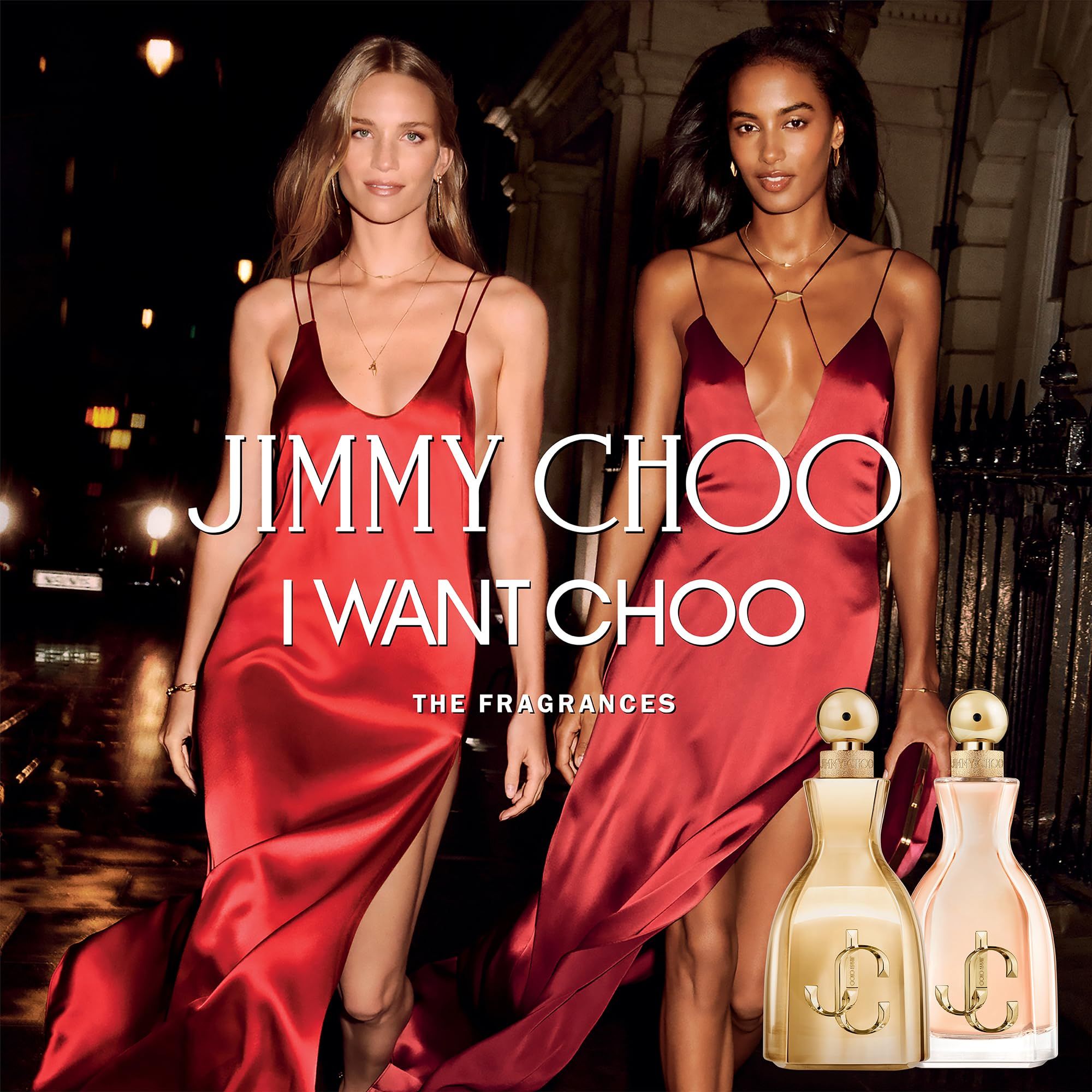 Zwei Frauen in roten Kleidern. Text: "JIMMY CHOO I WANT CHOO THE FRAGRANCES". Zwei Parfumflakons.