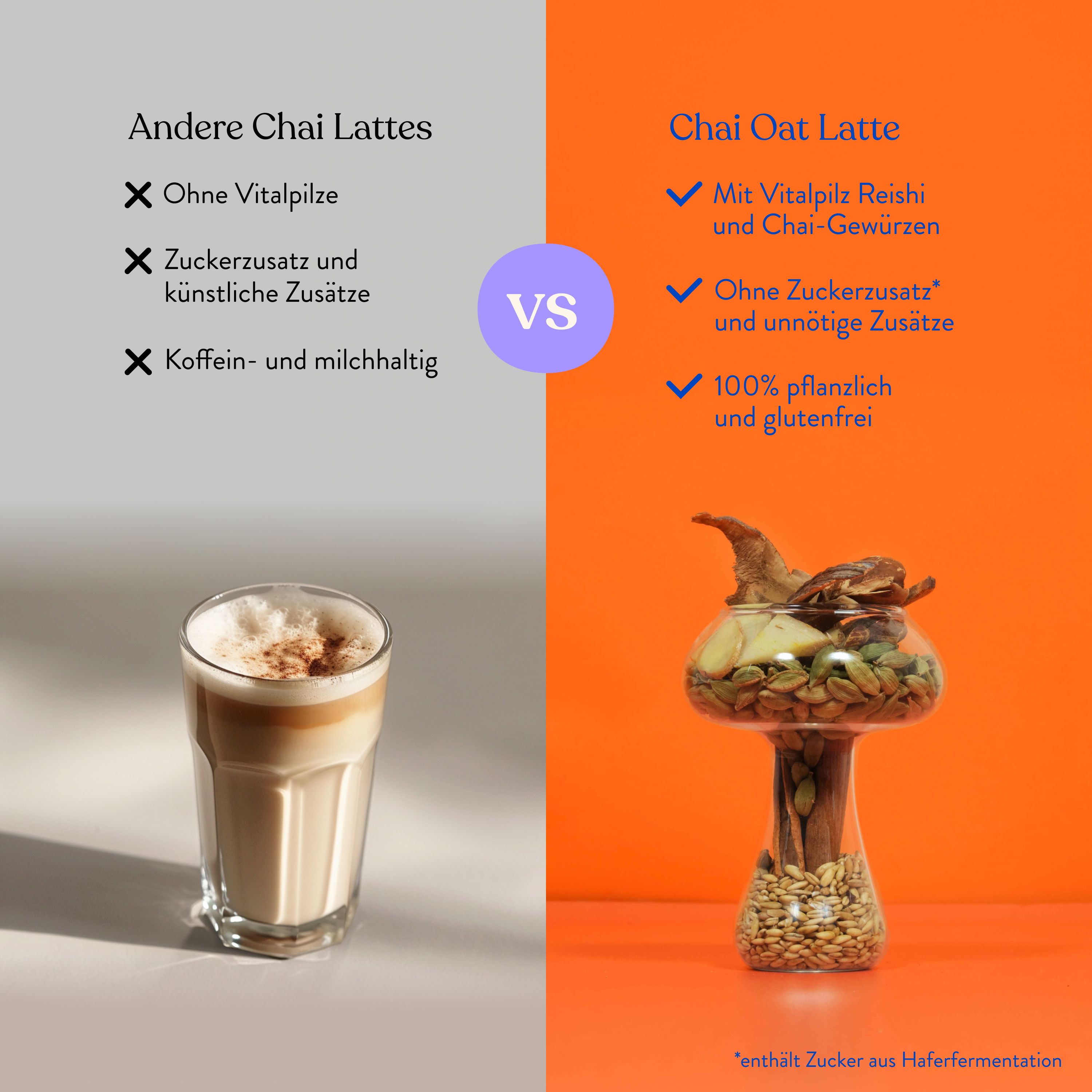 Vergleich von Chai Latte ohne Vitalpilze und Chai Oat Latte mit Vitalpilz Reishi. Vegan, glutenfrei, ohne Zucker.