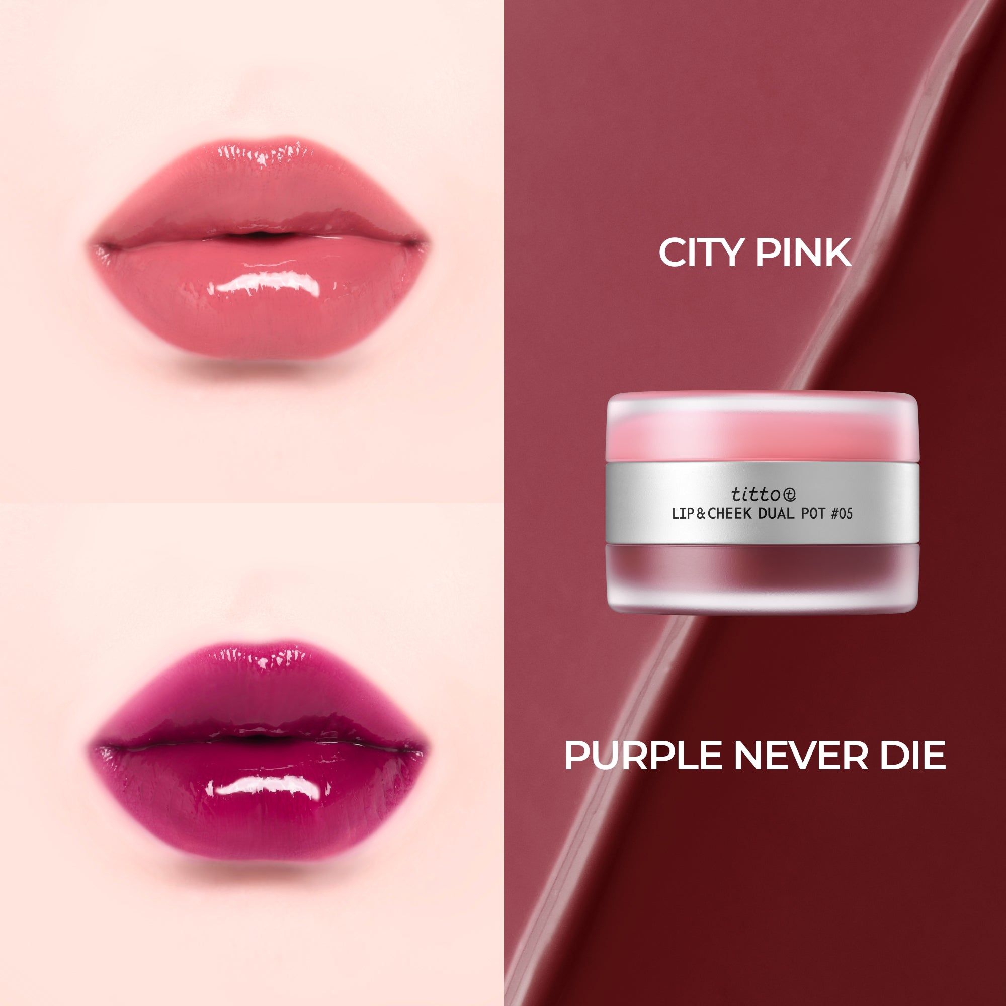 Lippen mit City Pink und Purple Never Die. Lip & Cheek Dual Pot #05.