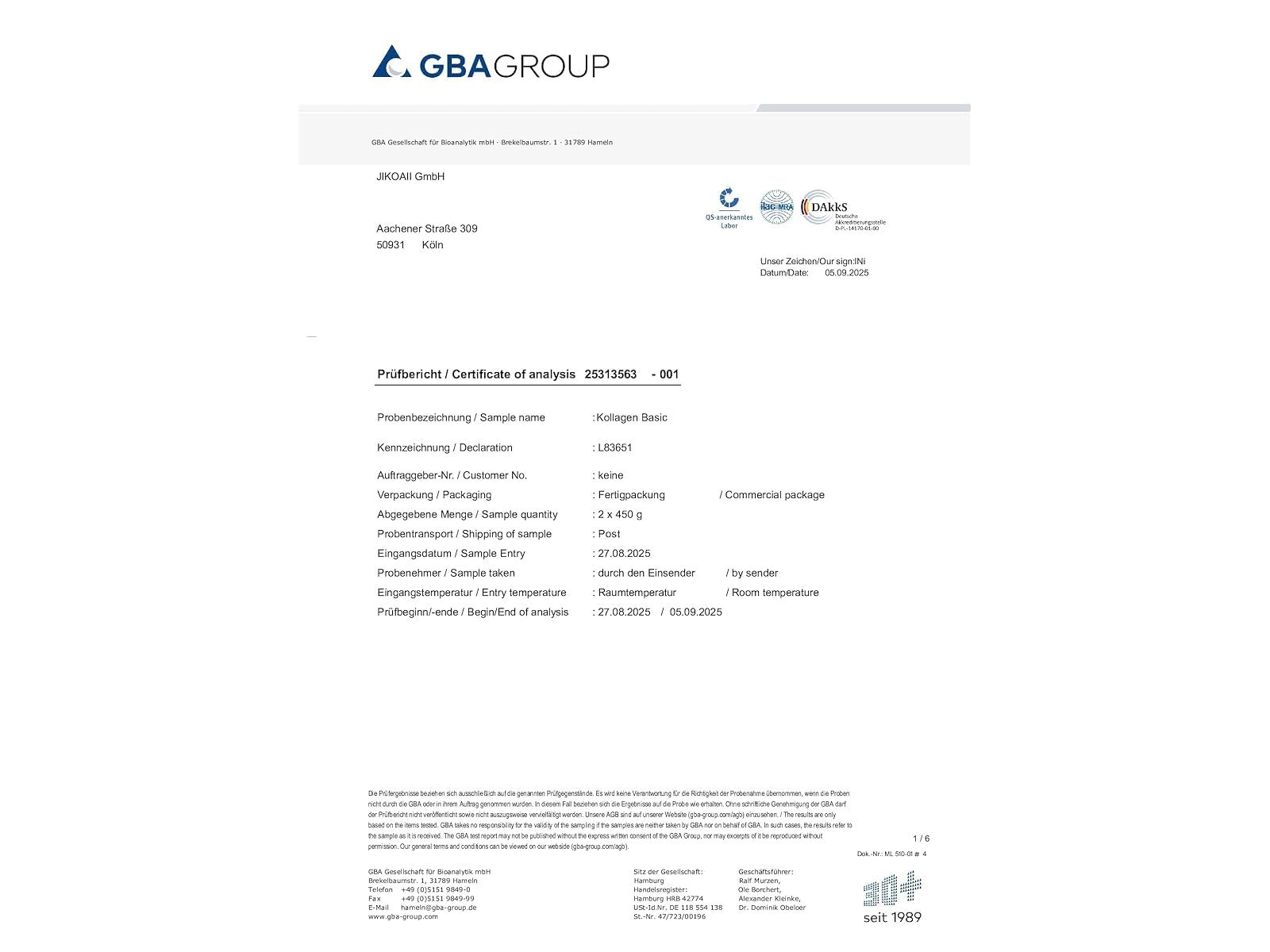 Zertifikat. Text: GBA GROUP. Analyse-Zertifikat. Probenahme, Analyse, Ergebnisse.