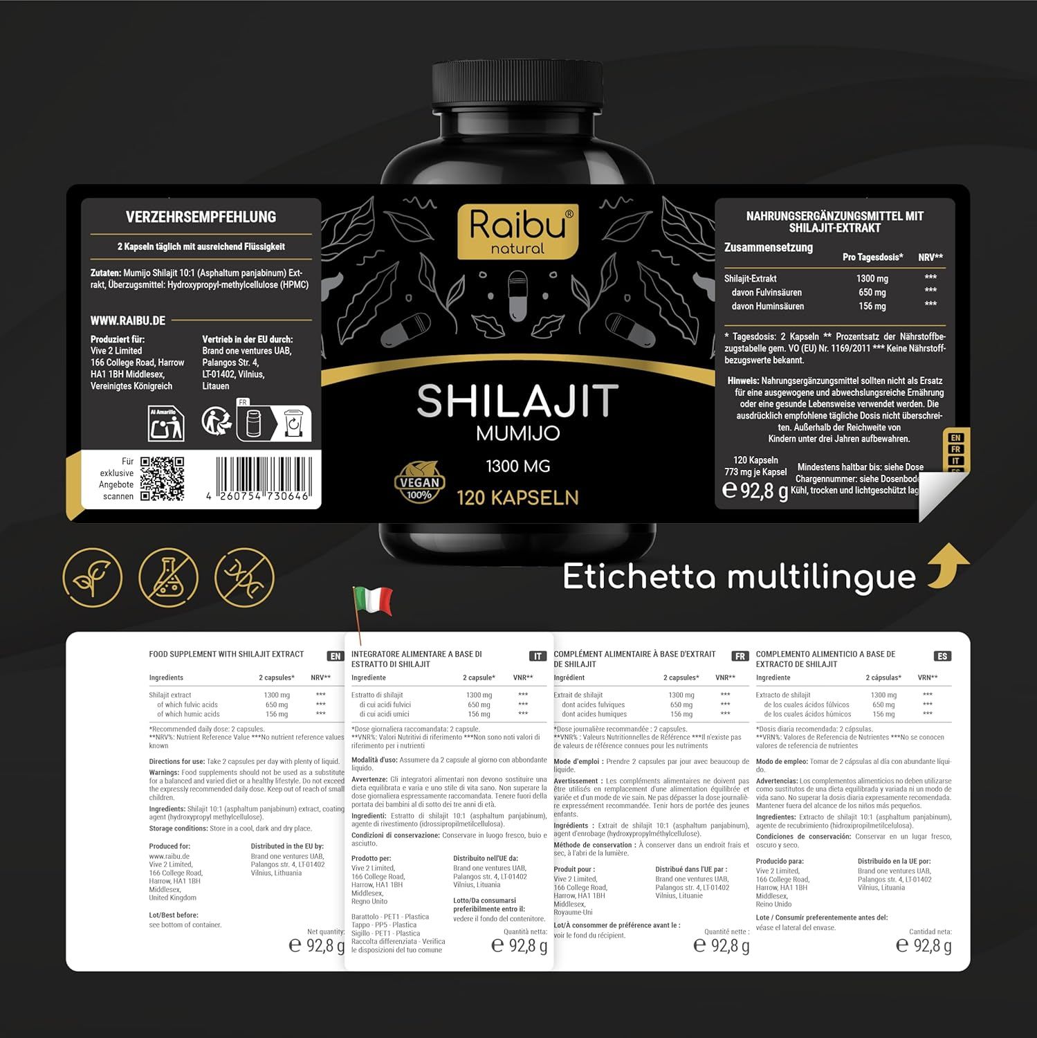 Flacone con capsule. Etichetta multilingue. Testo: Raibu natural, Shilajit Mumijo 1300 mg, 120 capsule. Sigillo vegano.