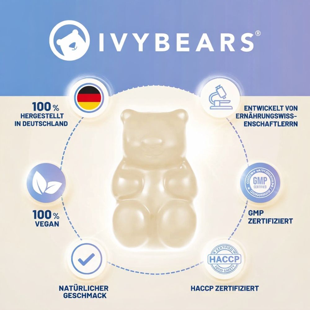 Gummibärchen-Figur in der Mitte, umgeben von Kreisen mit Logos und Text: 100% vegan, natürlich, GMP-zertifiziert, HACCP-zertifiziert, 100% hergestellt in Deutschland.