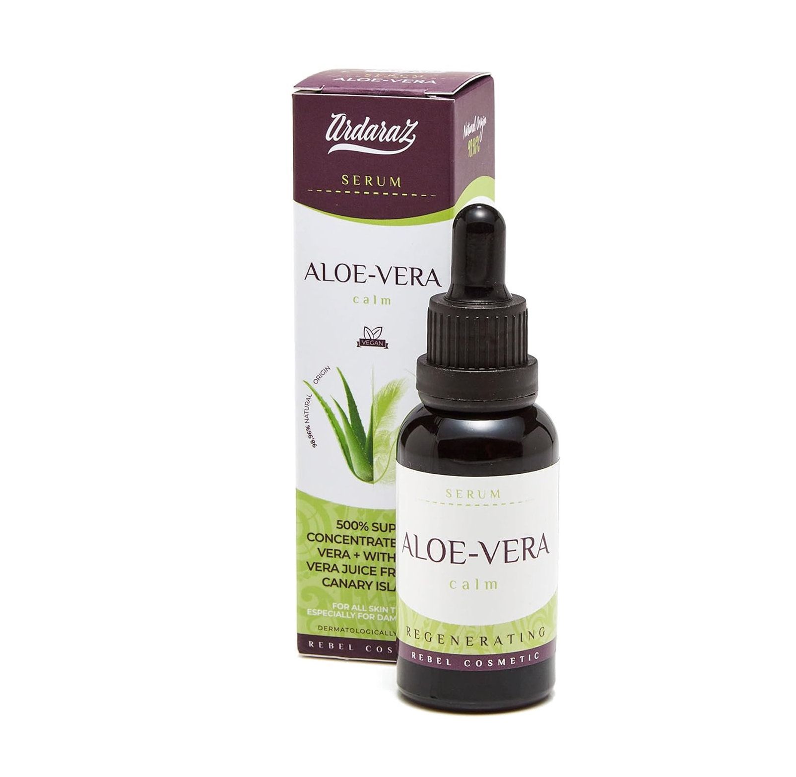 Aloe Vera Serum mit Pipette und Verpackung. Aufschrift: Aloe-Vera Calm, Regenerating.
