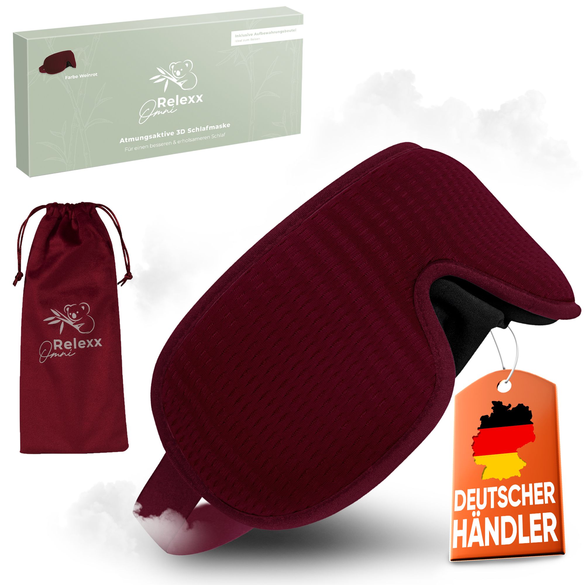Weinrote Schlafmaske, Verpackung und Aufbewahrungsbeutel. Deutscher Händler. Produktname: OmniRelexx.