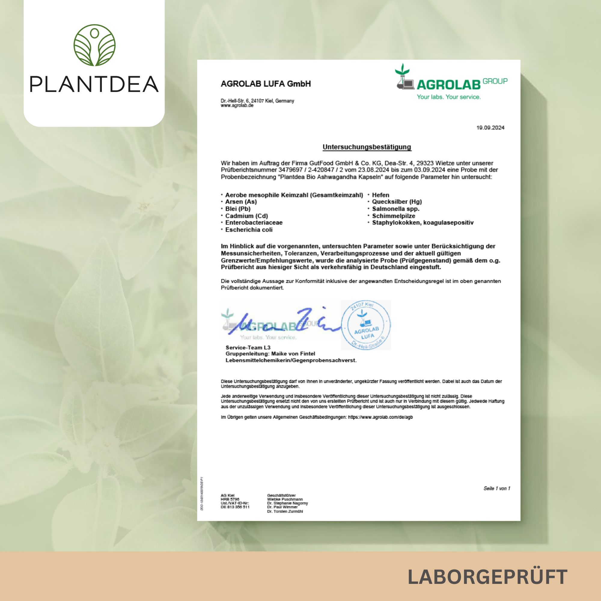 Laborgeprüftes Dokument. Unterschriftsbestätigung. Angaben zu Prüfparametern. Logo: AGROLAB GROUP. Text in deutscher Sprache.