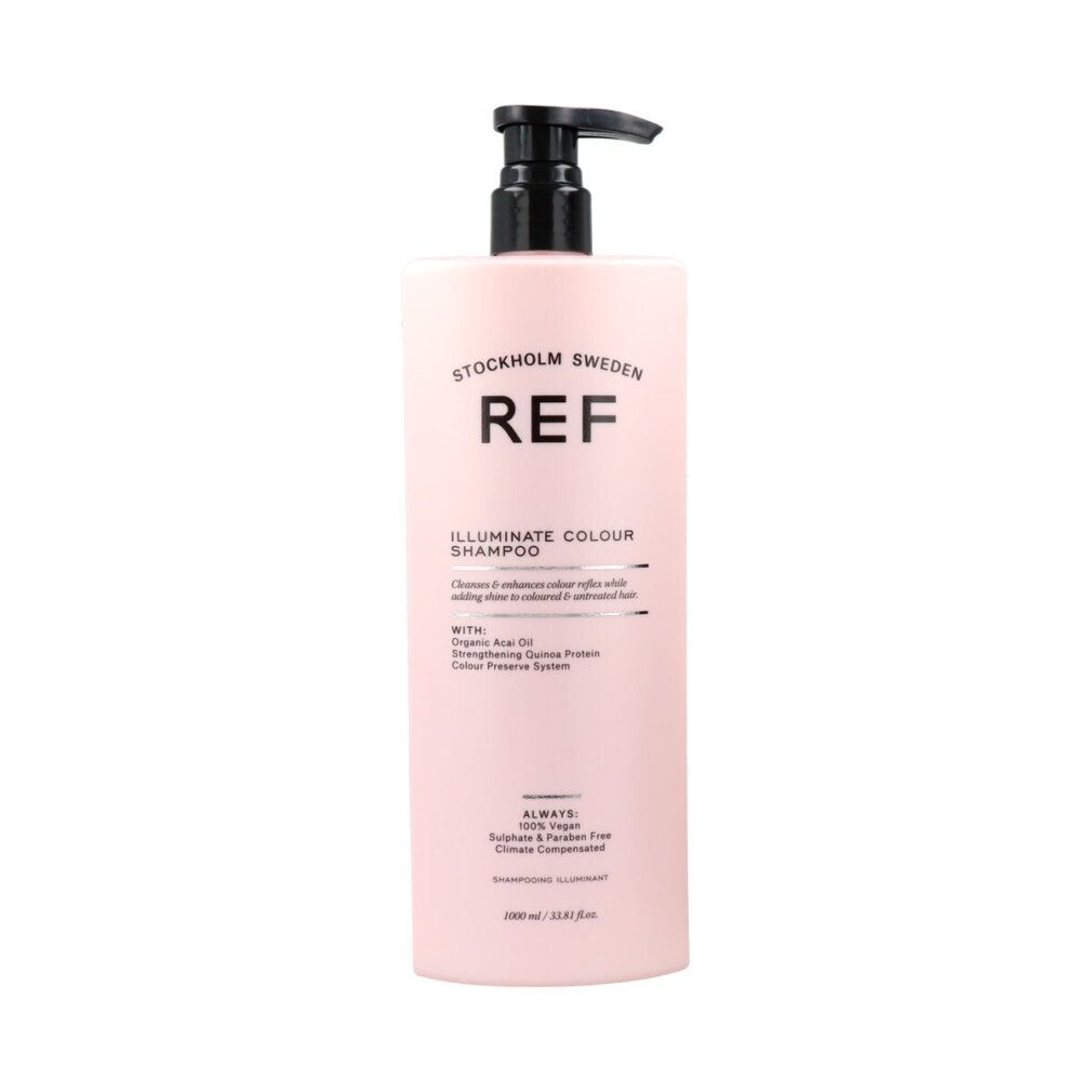 Rosa Shampoo-Flasche mit schwarzem Pumpkopf. Aufschrift: REF, ILLUMINATE COLOUR SHAMPOO. Enthält Bio-Acai-Öl. 100% vegan.