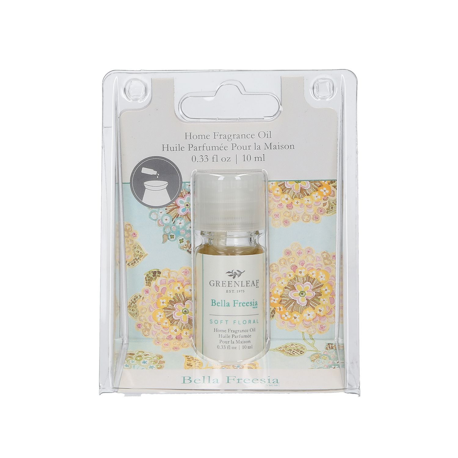 Duftöl-Essenz in einer transparenten Flasche, verpackt in einer Blisterverpackung. Aufschrift: Greenleaf Bella Freesia.