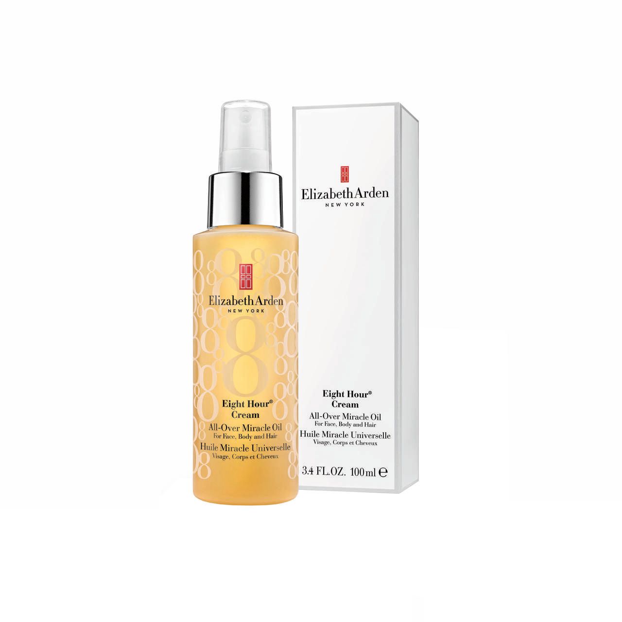 Gelbe Flasche mit Sprühkopf und weißer Verpackung. Aufschrift: Eight Hour Cream All-Over Miracle Oil. Marke: Elizabeth Arden.