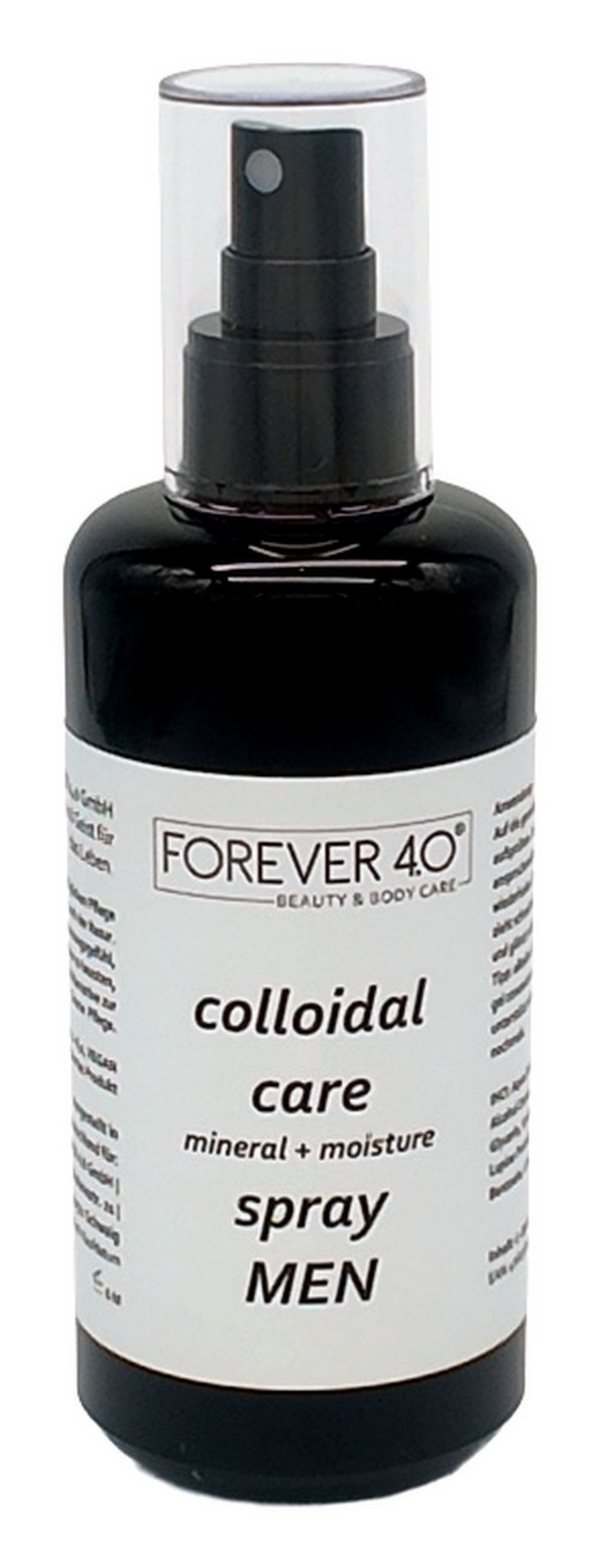 Schwarze Sprühflasche mit weißem Etikett. Aufschrift: FOREVER 4.0, colloidal care, mineral + moisture spray MEN.