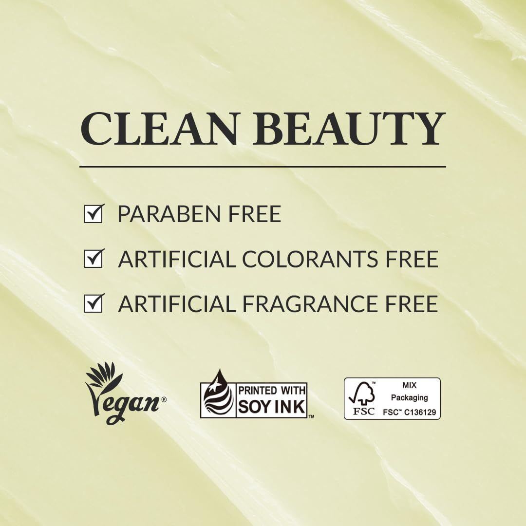 Text: Clean Beauty. Paraben Free, Artificial Colorants Free, Artificial Fragrance Free. Vegan-Logo, Soy Ink, FSC.