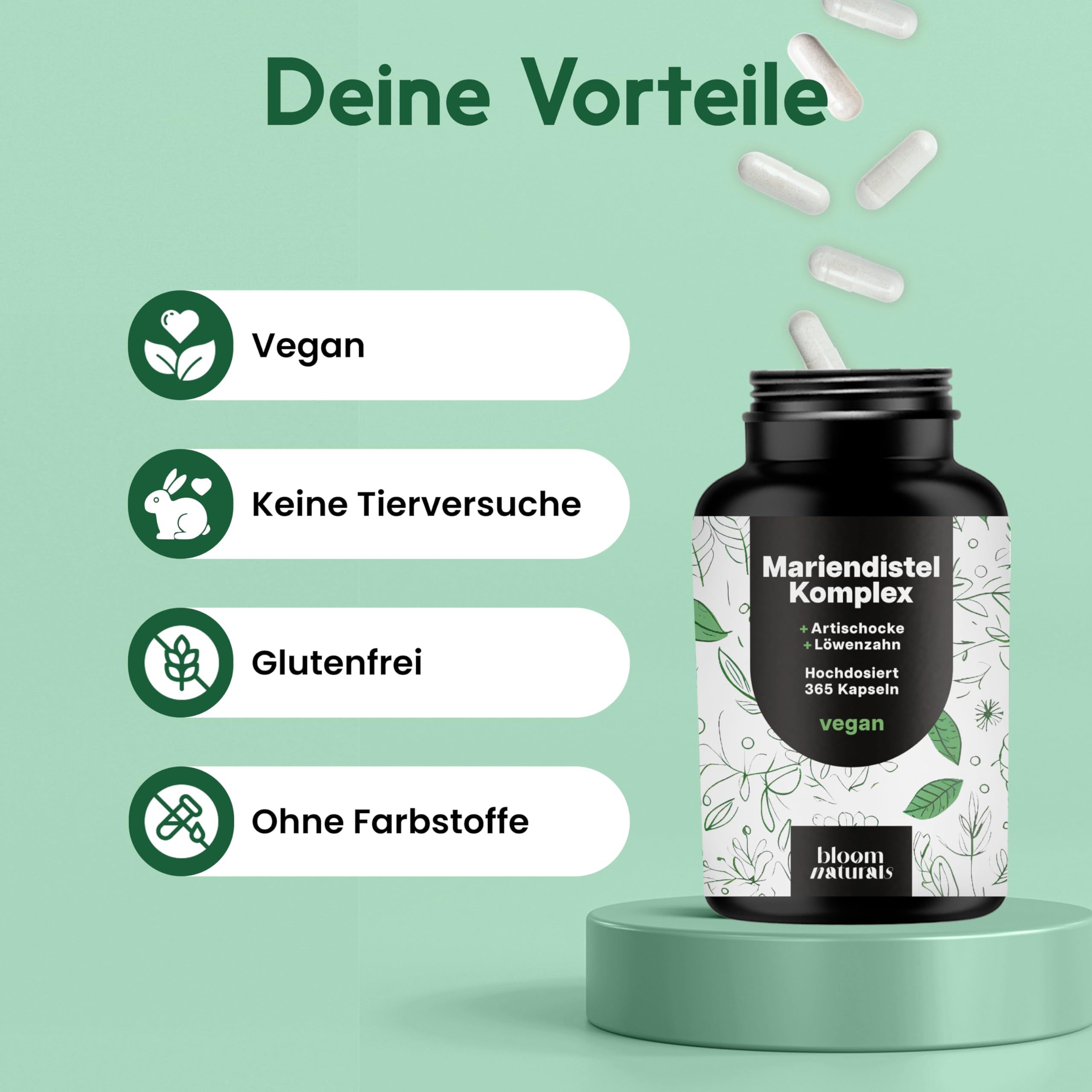 Mariendistel Komplex Flasche. Text: Deine Vorteile. Vegan, keine Tierversuche, glutenfrei, ohne Farbstoffe. Kapseln fallen.