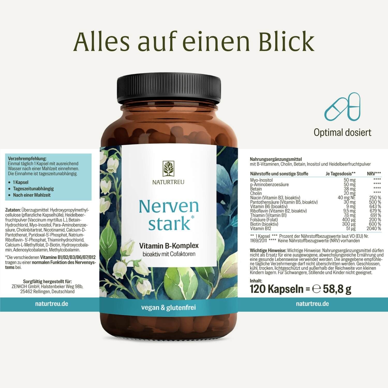 NATURTREU® Nerven stark Flasche mit Nährwertangaben und Dosierungsinformationen.