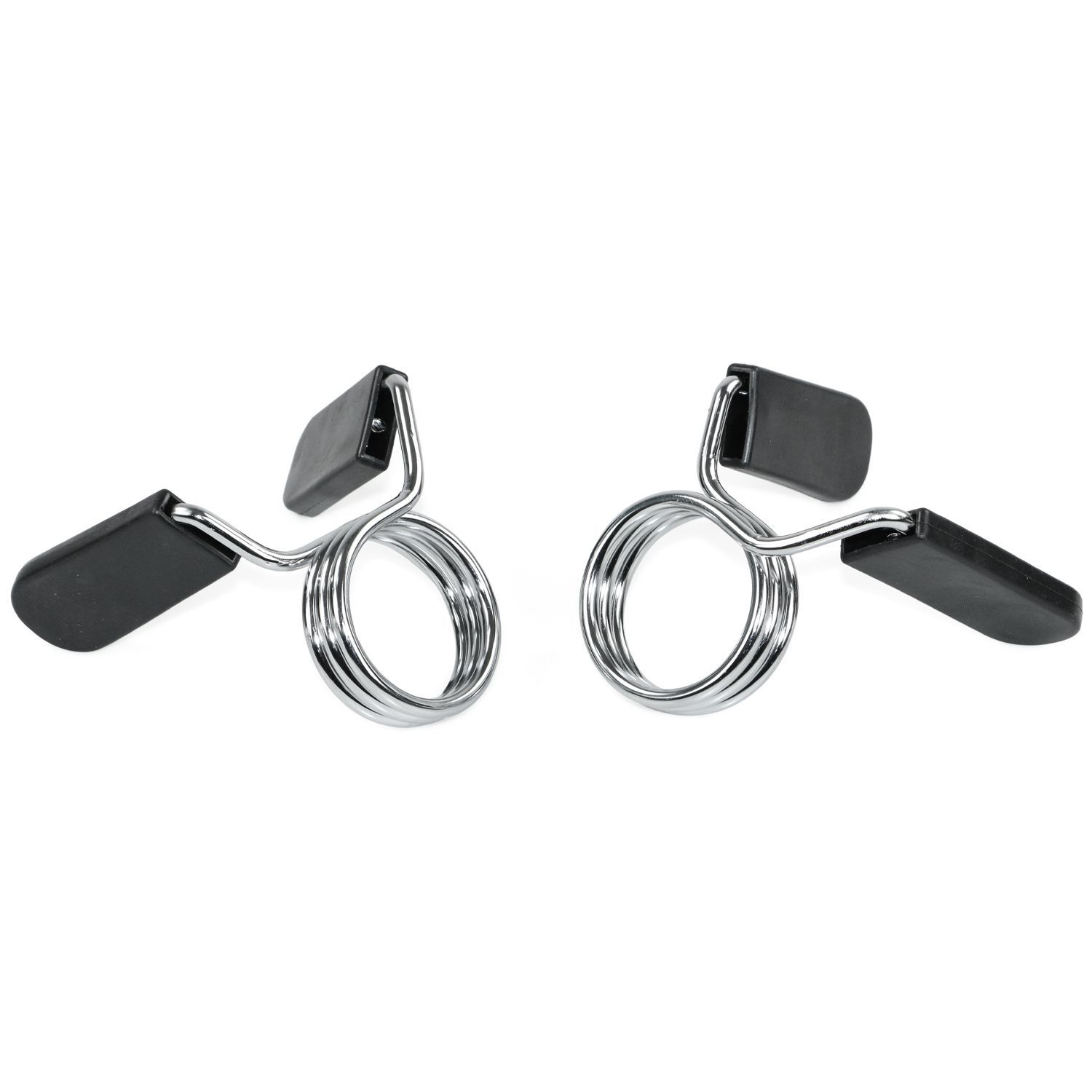 Zwei Federverschlüsse. Metall, schwarz. Für Hantelstangen. Detailansicht.