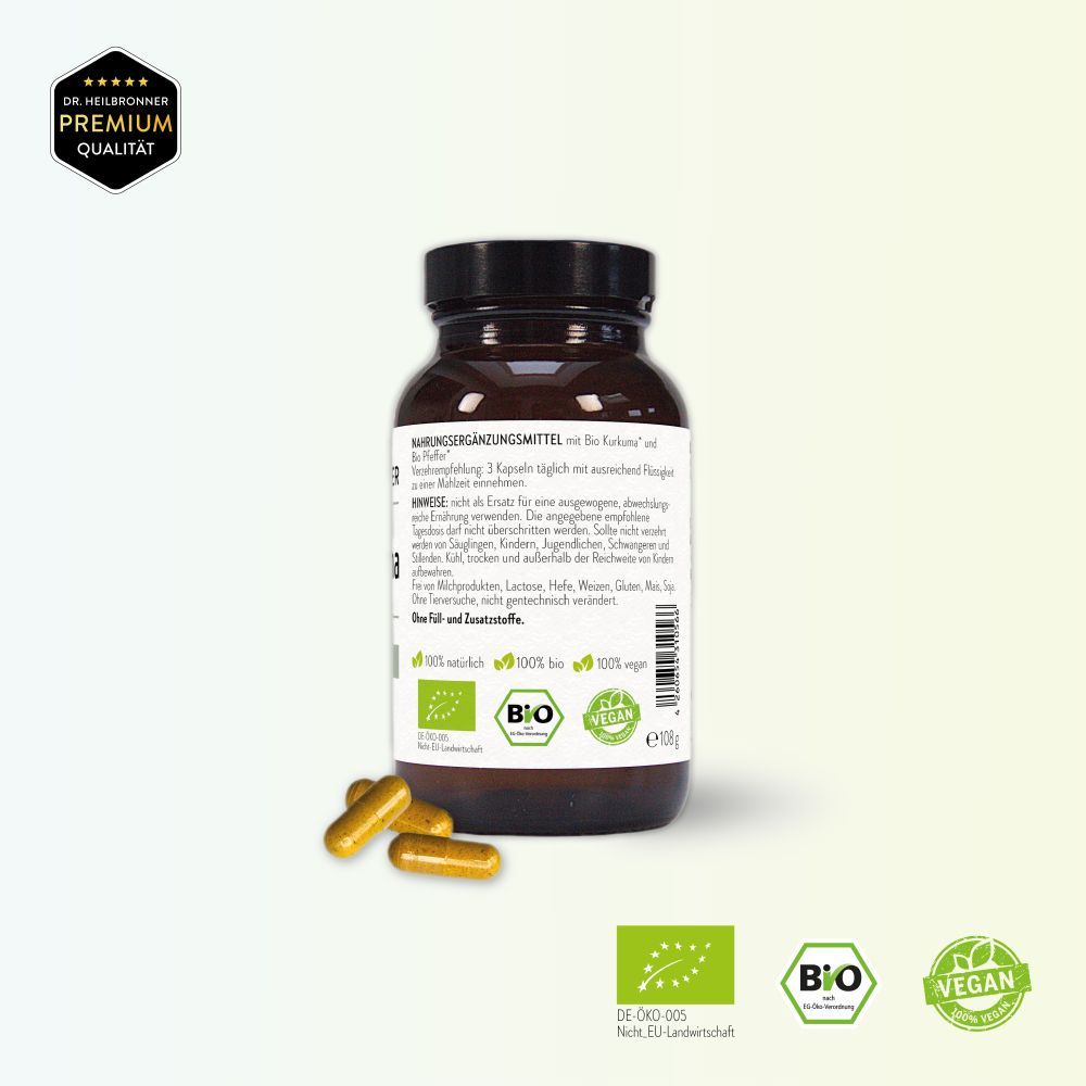 Rückseite der Flasche mit Text. Nahrungsergänzungsmittel. Hinweise zur Einnahme. Bio-Siegel, Vegan-Siegel. Braune Kapseln daneben.