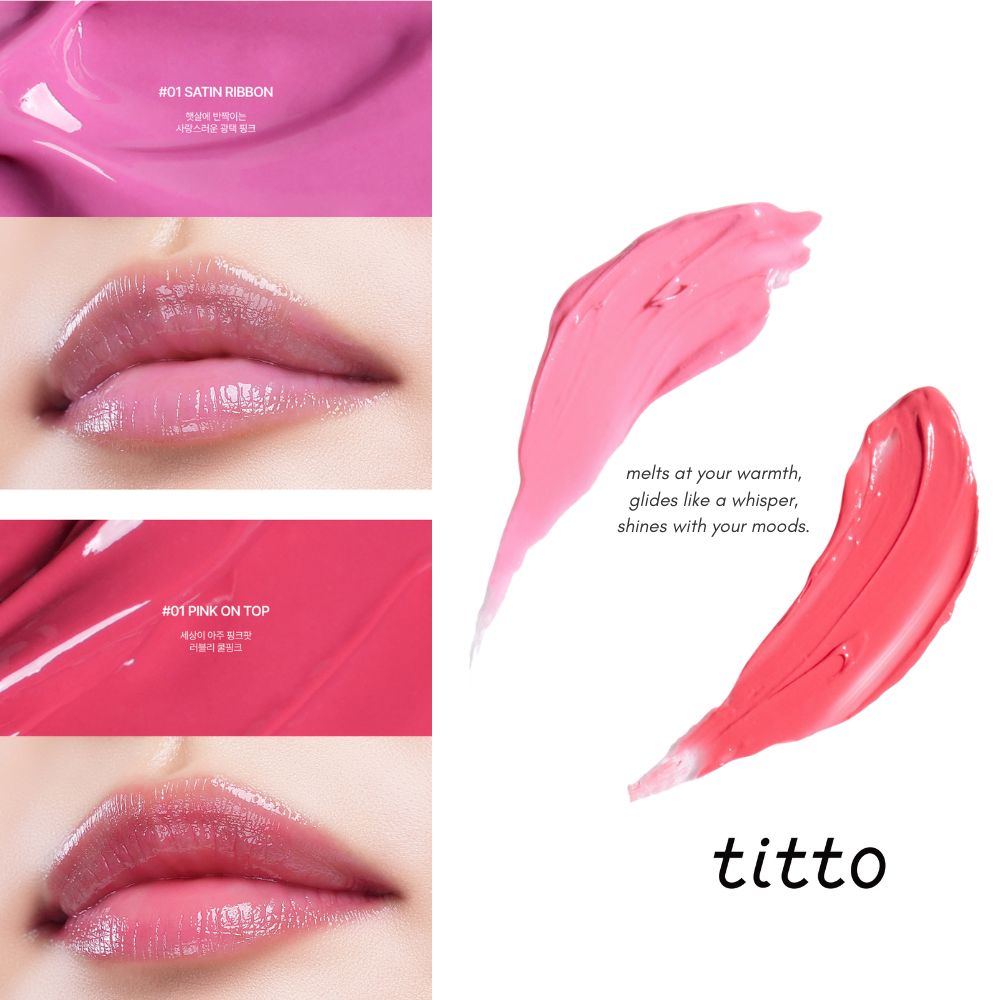 Collage mit titto Lip & Cheek Dual Pot. Produktabbildungen, Farbtupfer und Lippen-Anwendungen.