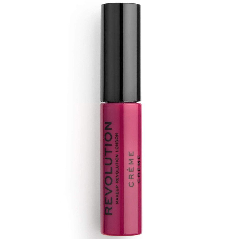 Lippenstift in einer zylindrischen Hülle. Die Hülle ist pink, mit schwarzem Deckel. Auf der Hülle steht "REVOLUTION" und "CRÈME".
