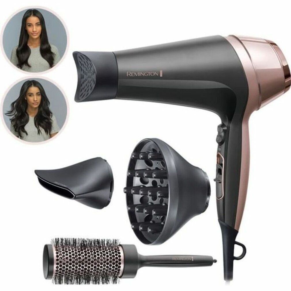 Haartrockner, Rundbürste und Aufsätze. Marke Remington. Verschiedene Aufsätze. Zwei Frauen mit Frisuren.