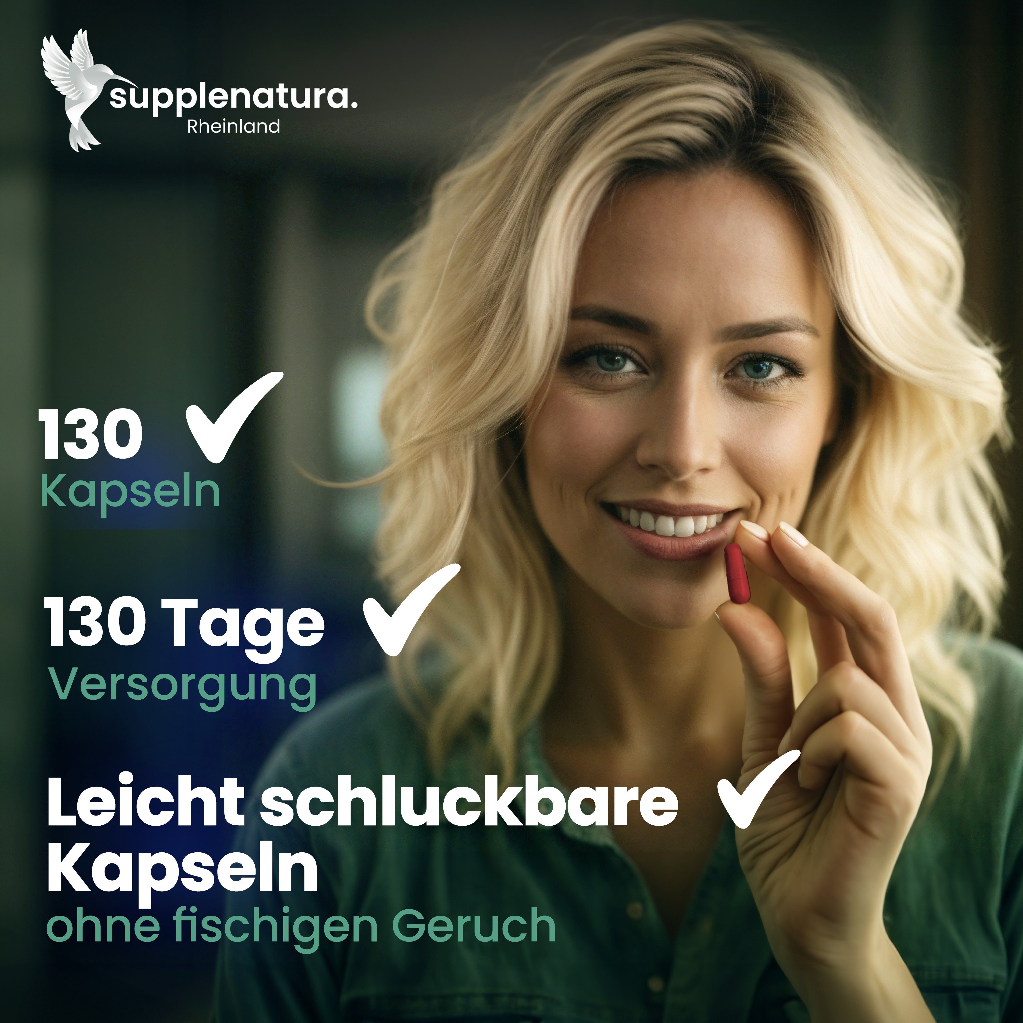 Frau hält Kapsel. Text: 130 Kapseln, 130 Tage Versorgung, leicht schluckbare Kapseln ohne fischigen Geruch.