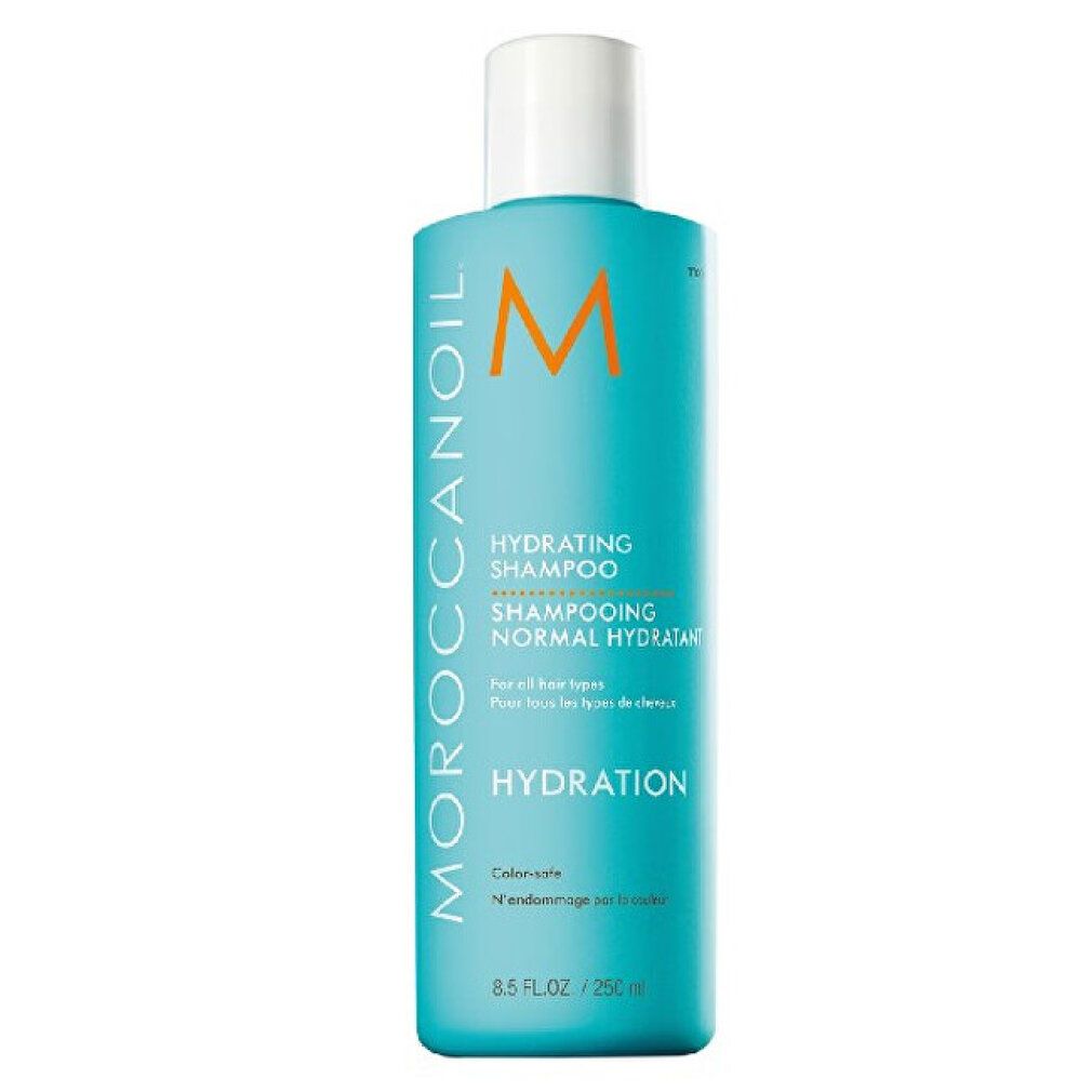 Türkisfarbene Shampoo-Flasche mit weißem Deckel. Aufschrift: Moroccanoil, Hydrating Shampoo, Hydration. 250 ml.
