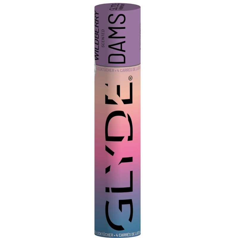 Glyde Dams Wildberry, parfümierte Latex-Damenbinden in einer runden Verpackung.