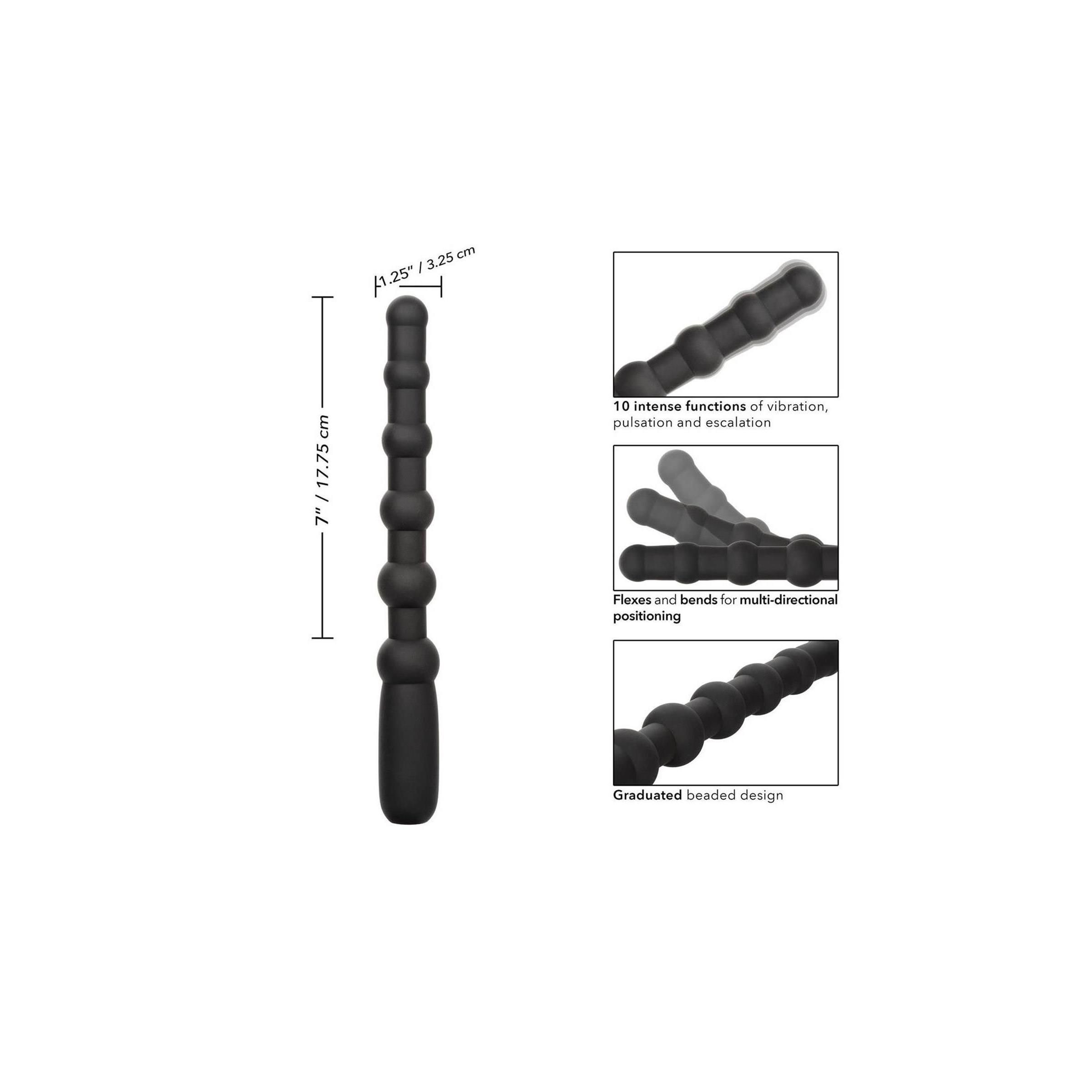 Schwarzes, perlenförmiges Wellness-Produkt mit Maßangaben. Zeigt 10 Vibrationsfunktionen und Flexibilität.