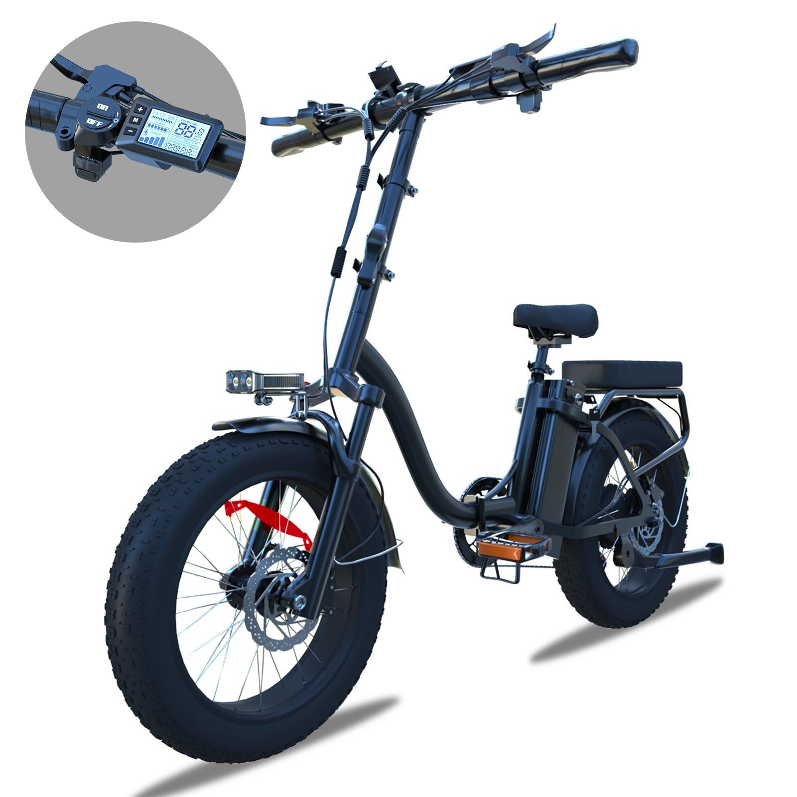 Schwarzes, zusammenklappbares Elektrofahrrad. Dicke Reifen, Scheibenbremsen, digitales Display am Lenker.