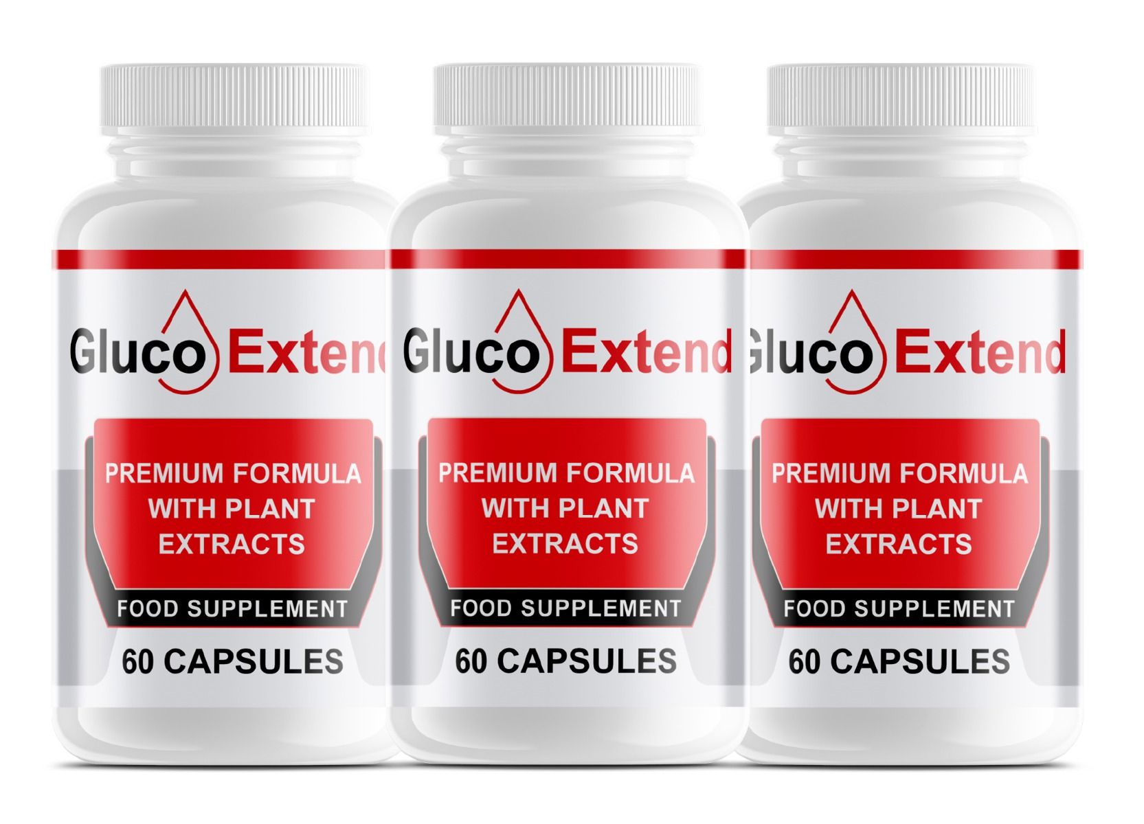 Drei weiße Flaschen mit rotem Etikett. Aufschrift: Gluco Extend, Premium-Formel mit Pflanzenextrakten, 60 Kapseln.